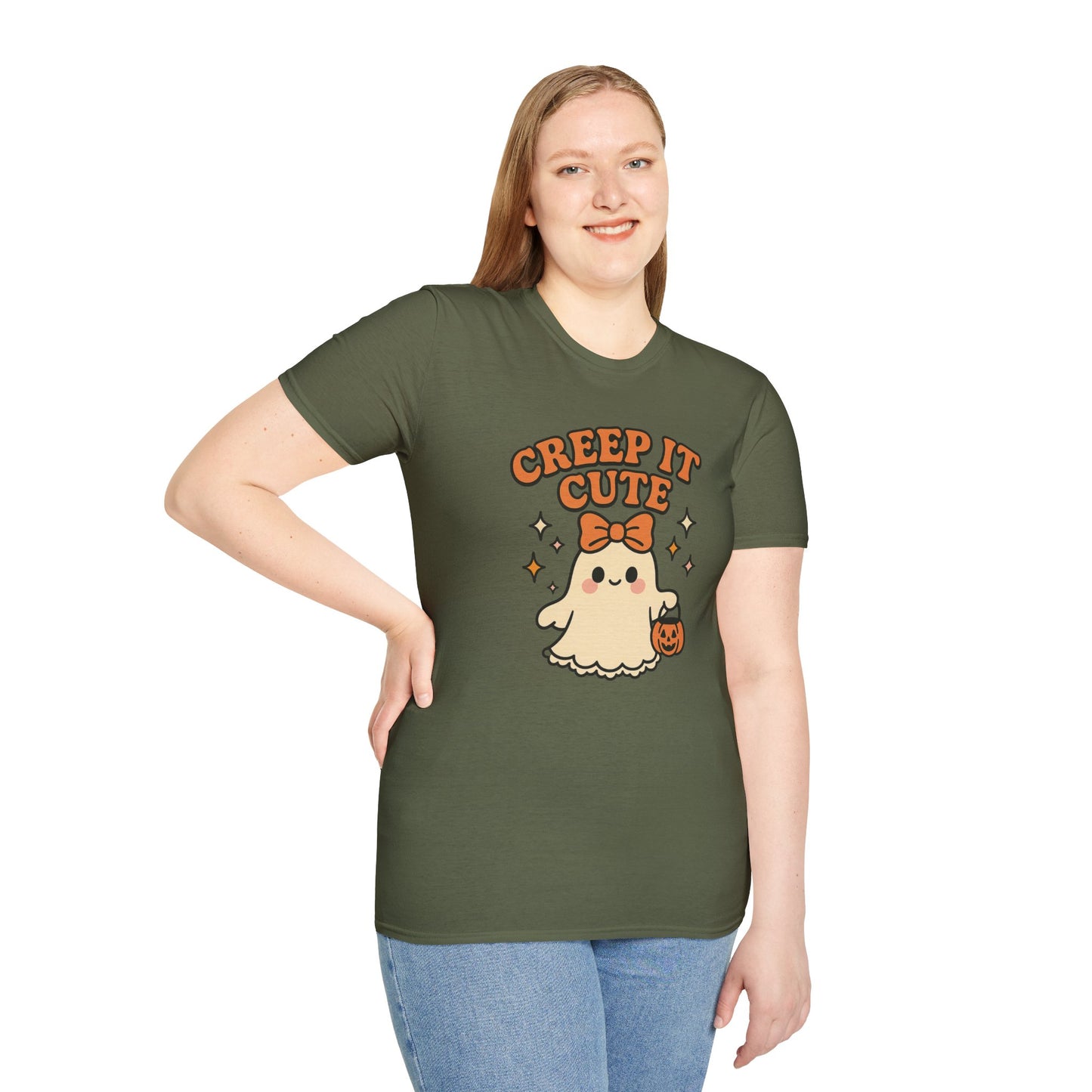 Creep It Cute Ghost Halloween Shirt - Kawaii Ghost Tee with Bow and Pumpkin, Spooky-Cute Fall Graphic T-Shirt, Spooky Season Halloween Top