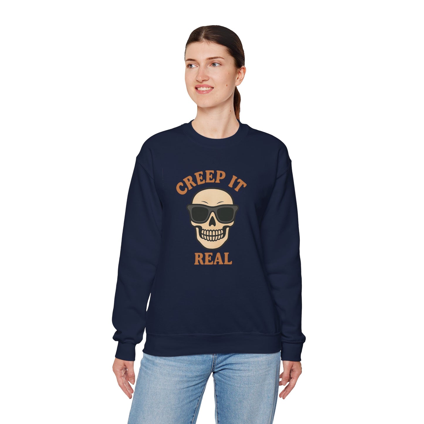 Creep It Real Skull Sweatshirt, Funny Halloween Skull Crewneck, Spooky Skeleton Pullover, Dark Graphic Sweatshirt, Unisex Halloween Gift
