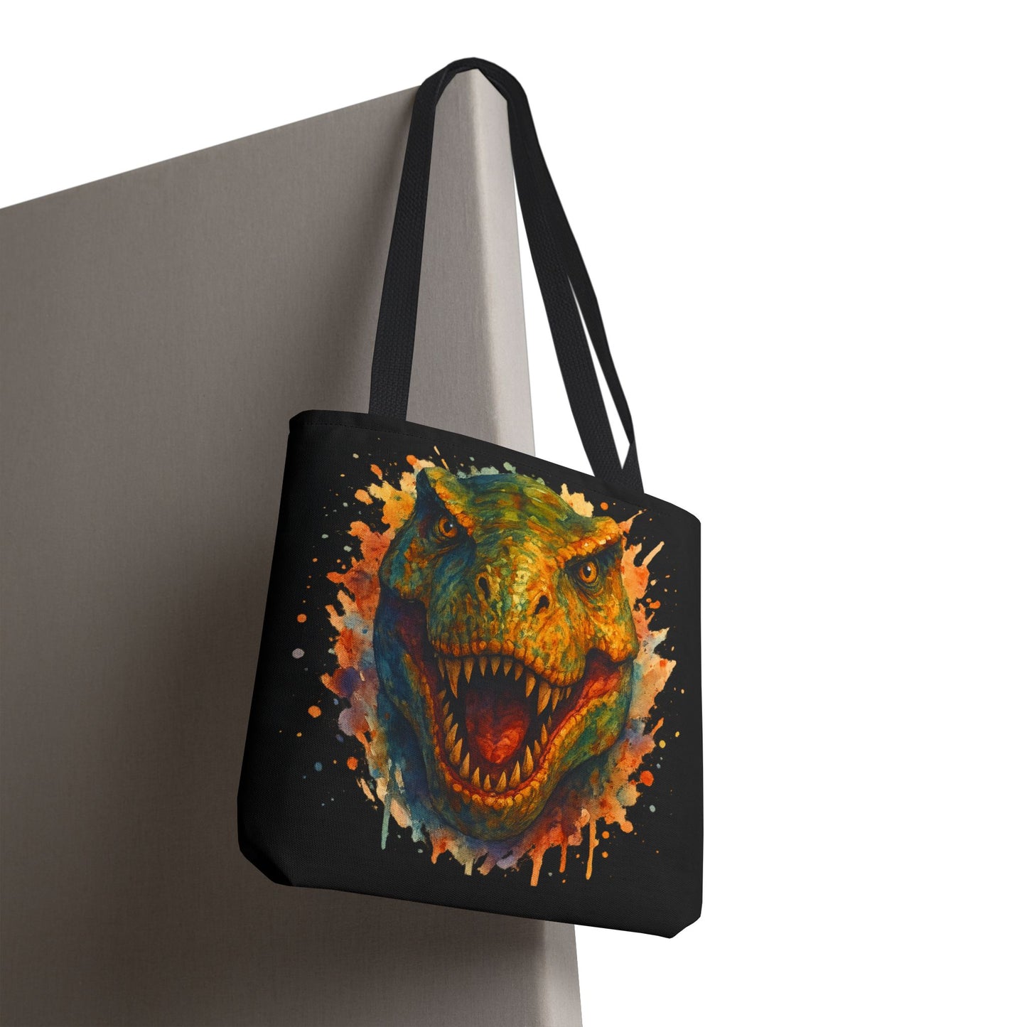 T-Rex Watercolor Tote Bag - 100% Polyester Canvas, Vibrant Dinosaur Art Bag, Reusable Beach-Market Tote, Dino Lover Gift, Bold Style