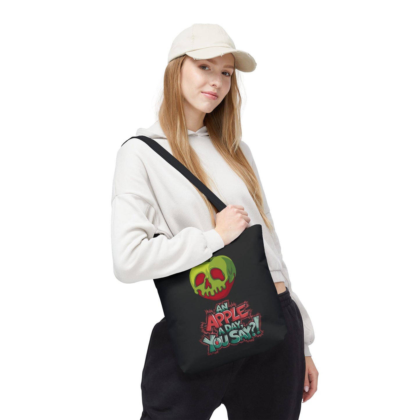 Spooky Halloween Tote Bag – Poison Apple Design – Funny Gothic Tote – Trick or Treat Bag – Creepy Apple Pun Gift – Black Tote Bag