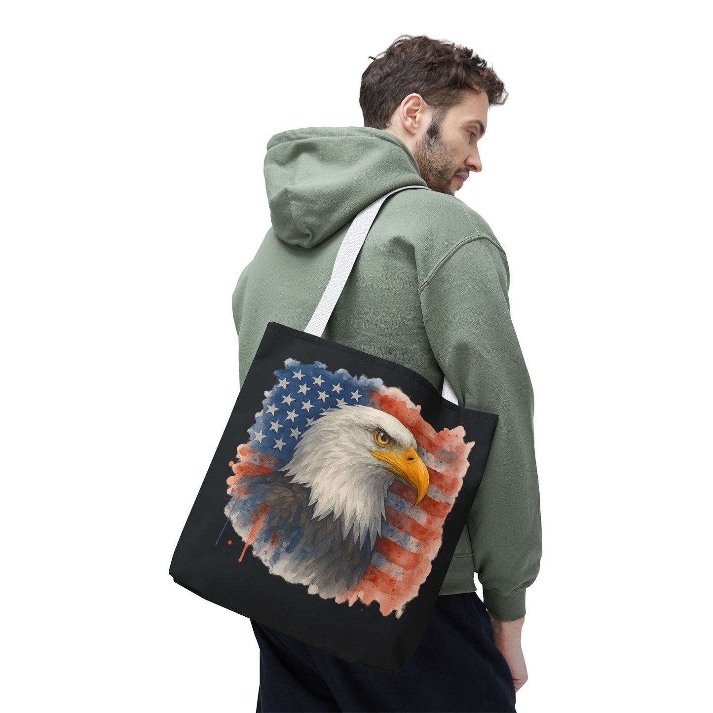 Patriotic Tote Bag with American Flag and Bald Eagle Watercolor Print 4th of July Bag Memorial Day Tote Veteran's Day Tote Bag