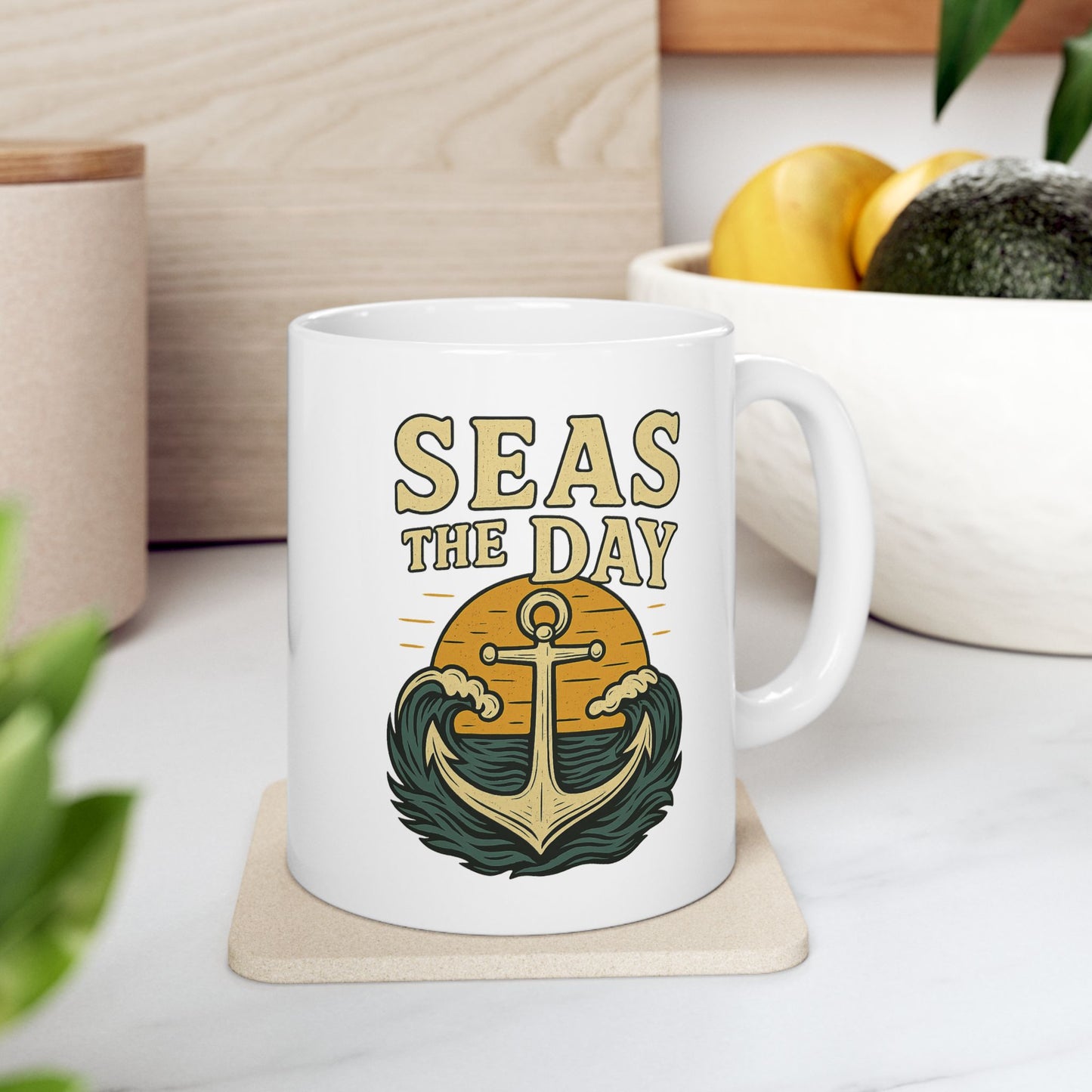 Seas the Day Coffee Mug – Nautical Anchor Ocean Sunset Cup, Funny Motivational Gift for Coffee Lovers, Sailors & Beach Vibes