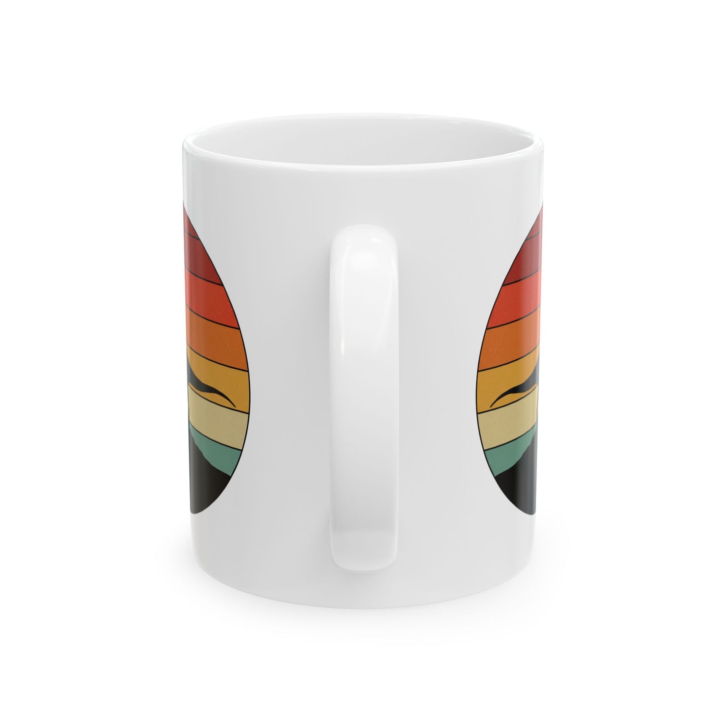 Retro Sunset Dinosaur Mug – Velociraptor Silhouette on Vintage Stripes, Jurassic Coffee Cup, Prehistoric Art Ceramic Mug, Dinosaur Lover Gift