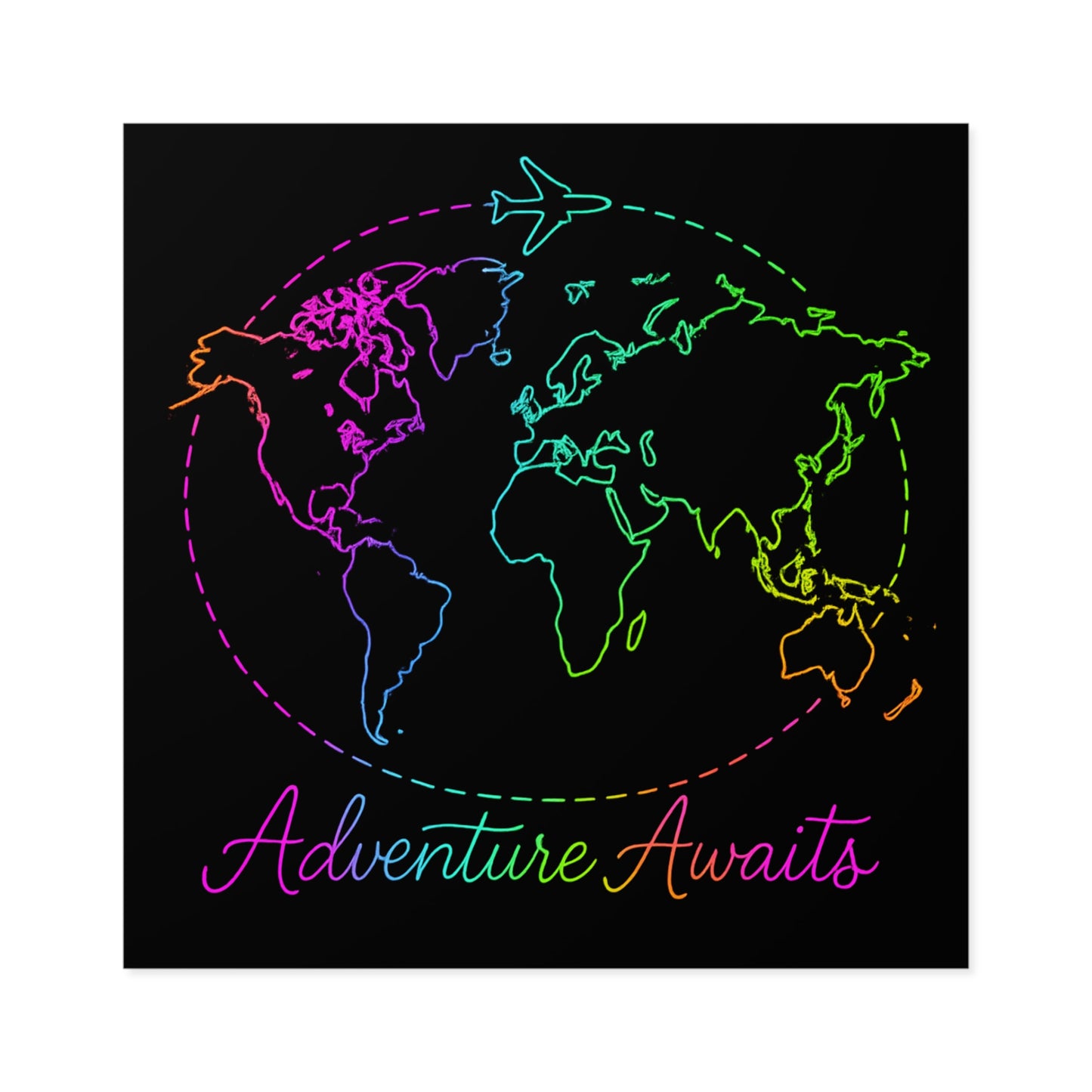 Adventure Awaits Neon Travel Sticker - Y2K Rainbow World Map Vinyl Decal for Luggage, Laptop and Water Bottle - Wanderlust Aesthetic