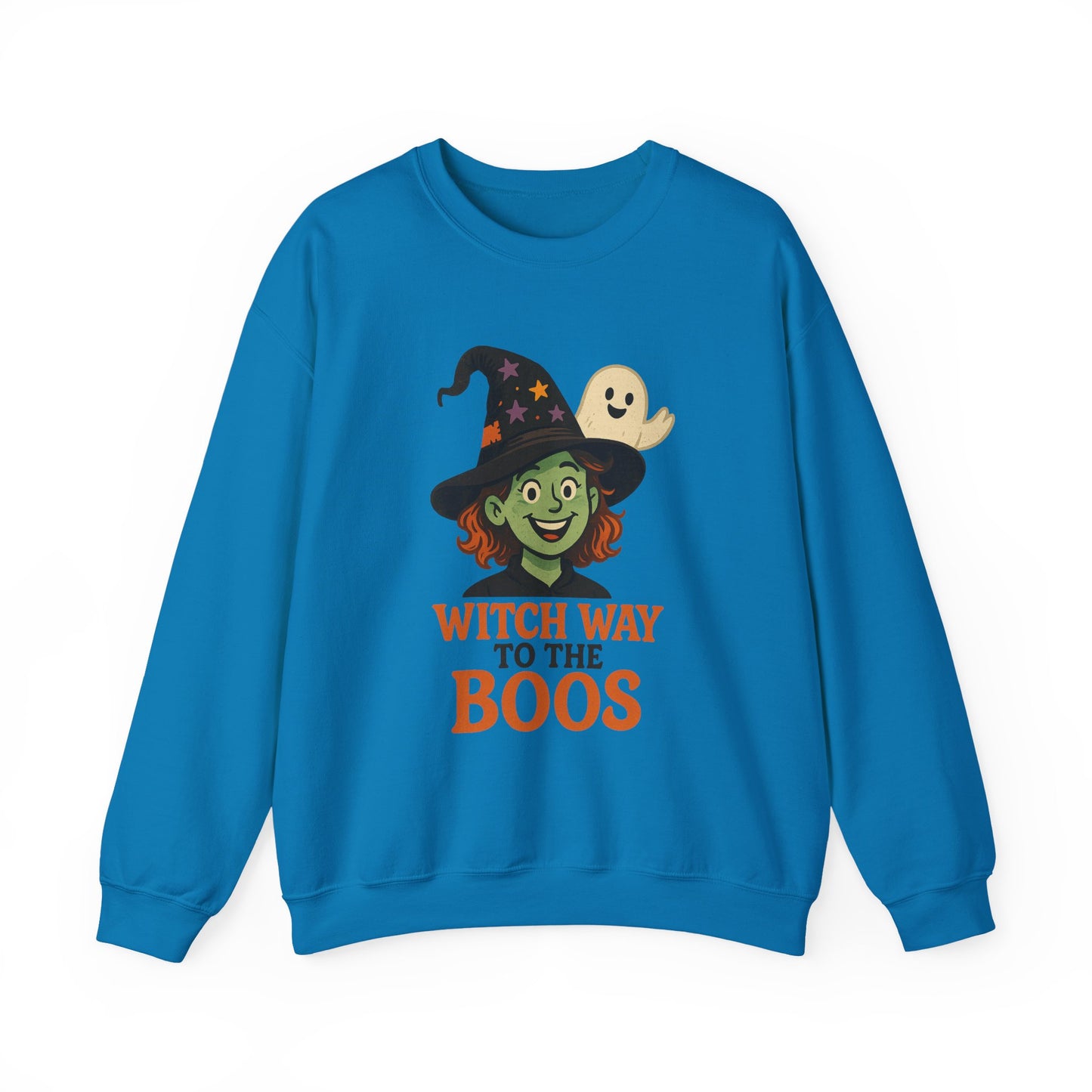 Witch Way To The Boos Sweatshirt, Funny Witch Halloween Crewneck, Witchy Ghost Sweatshirt, Spooky Season Graphic Pullover, Lighthearted Halloween Wear