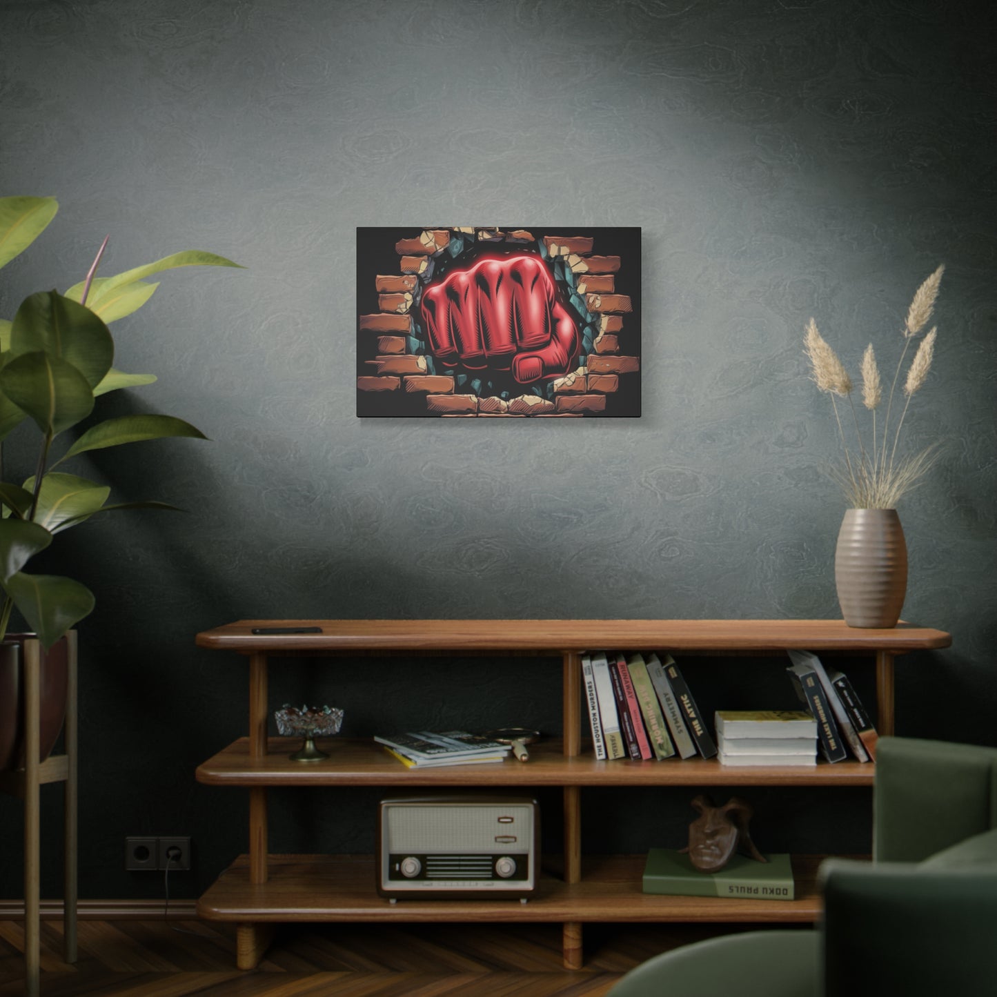 Canvas Wall Art - Red Fist Smashing Through Wall