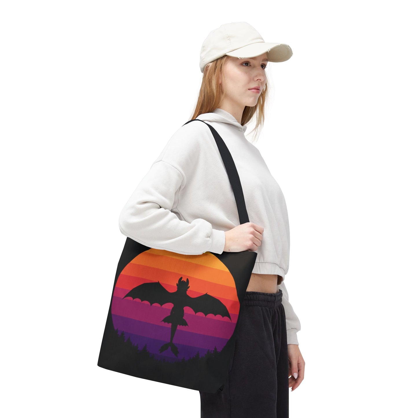 Sunset Dragon Flight Tote Bag, Reusable Eco-Friendly Shoulder Bag With Silhouette Design, Aesthetic Black Tote For Everyday Use And Gifts