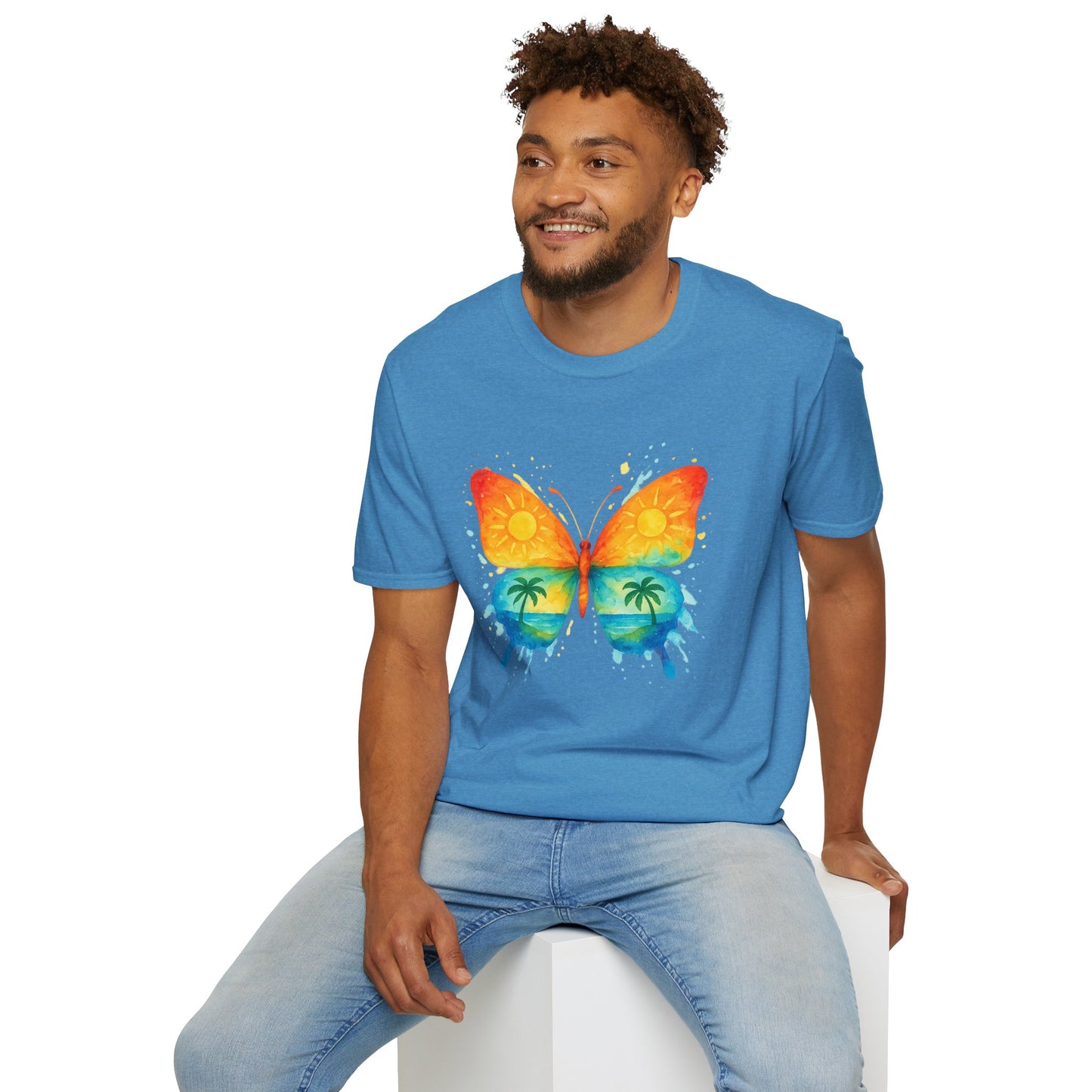 Butterfly Sunset Beach Tee - Ocean & Palm Watercolor Butterfly T-Shirt, Coastal Boho Graphic, Nature Lover Gift, Unisex Casual Tee
