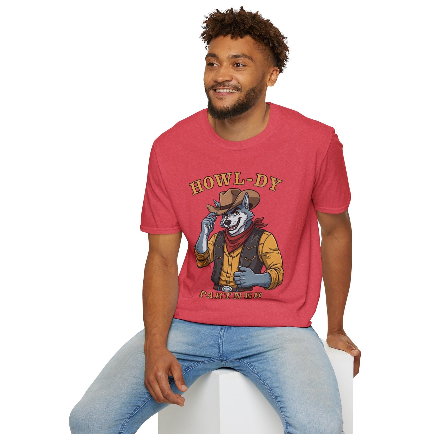 Howl-dy Partner Wolf Cowboy T-Shirt | Western Howling Wolf Graphic Tee, Funny Animal Shirt, Cowboy Gifts, Rustic Country Tee