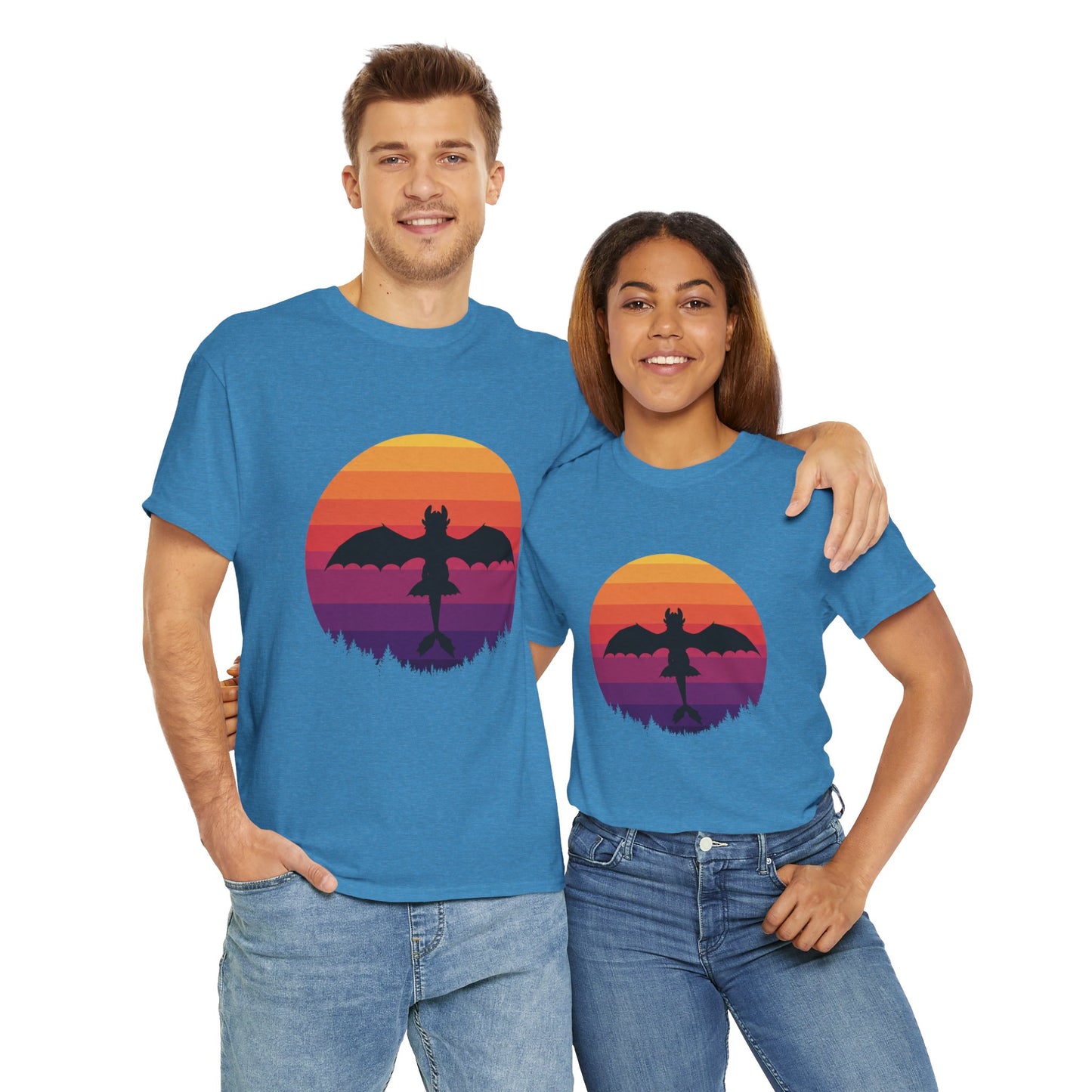 Night Dragon Sunset T-Shirt | Retro Dragon Silhouette Tee | Fantasy Dragon Shirt | Unisex Graphic Tee | Gift for Dragon Lovers