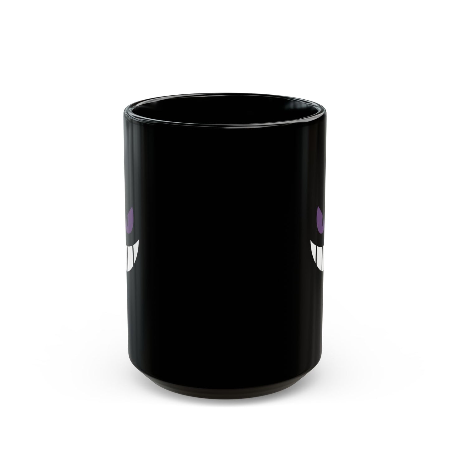 Mischievous Purple Eyes Mug - Black Coffee Cup with Spooky Grin - Cute Yet Creepy Gift for Gamers, Anime Fans, and Coffee Lovers