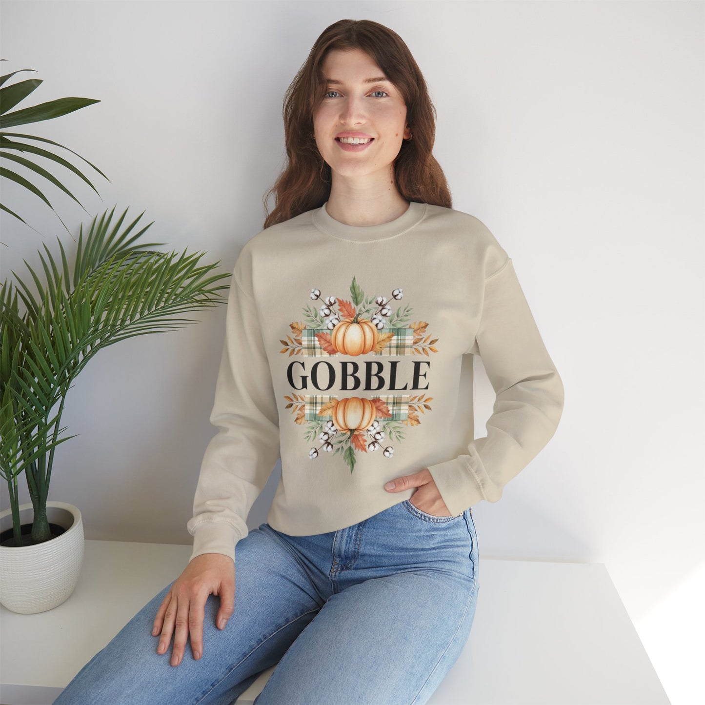 Gobble Turkey Sweatshirt, Thanksgiving Gobble Crewneck, Autumn Pumpkin Leaves Pullover, Fall Graphic Sweatshirt, Cozy Turkey Shirt