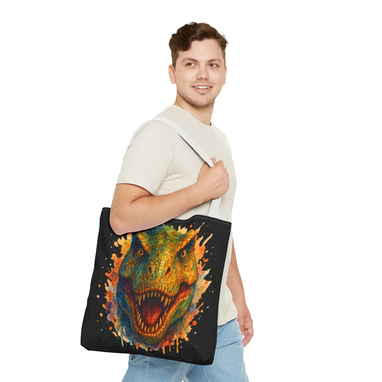 T-Rex Watercolor Tote Bag - 100% Polyester Canvas, Vibrant Dinosaur Art Bag, Reusable Beach-Market Tote, Dino Lover Gift, Bold Style