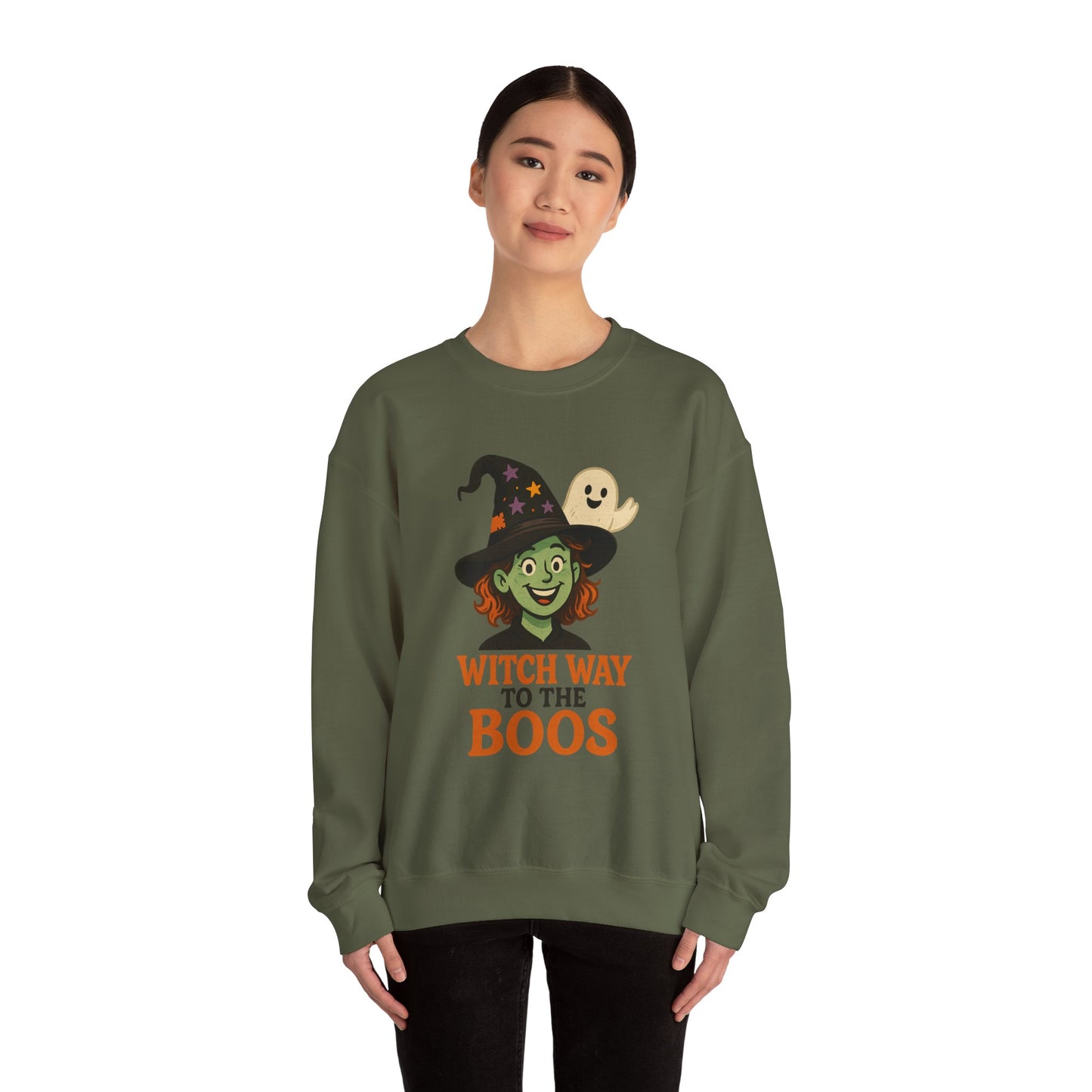 Witch Way To The Boos Sweatshirt, Funny Witch Halloween Crewneck, Witchy Ghost Sweatshirt, Spooky Season Graphic Pullover, Lighthearted Halloween Wear