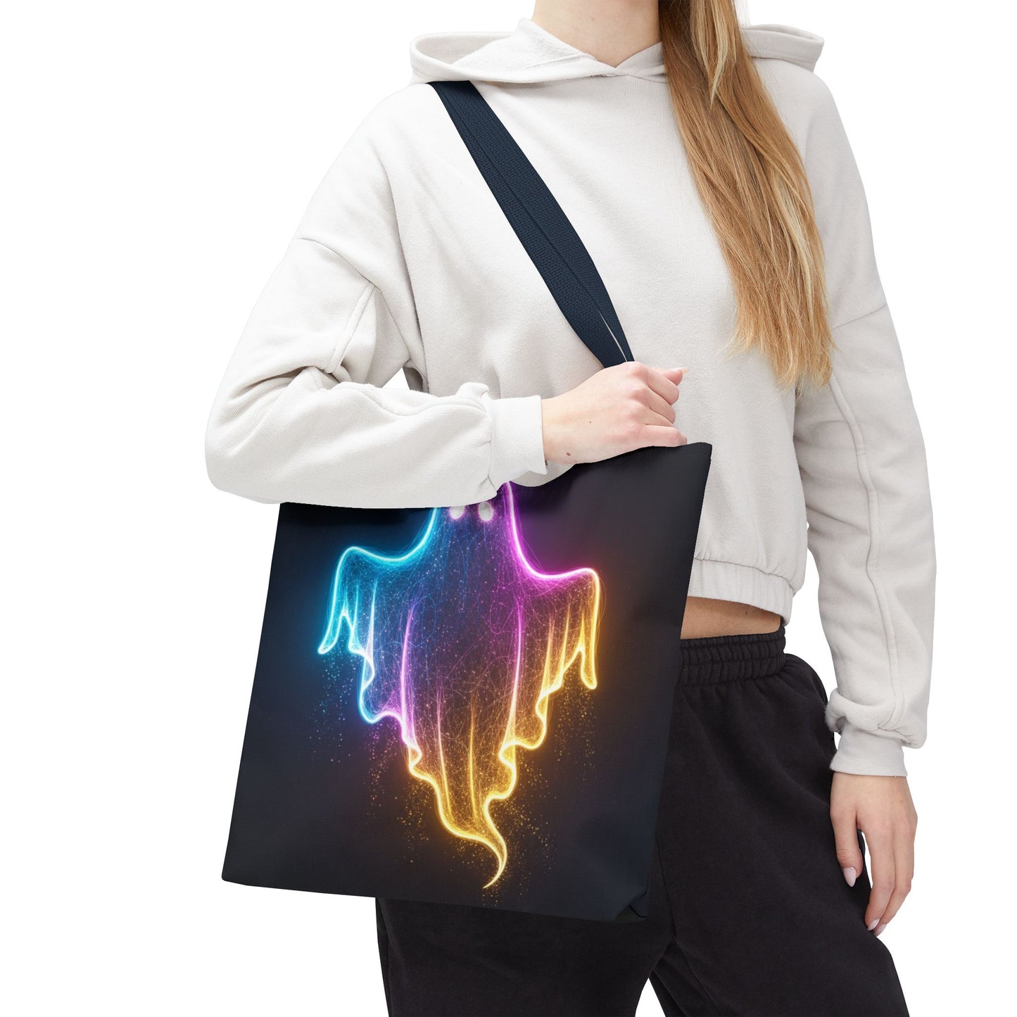 Neon Ghost Tote Bag - Bright Colorful Ghost Print Shoulder Tote, Spooky Cute Reusable Canvas Bag, Halloween Aesthetic Everyday Carry