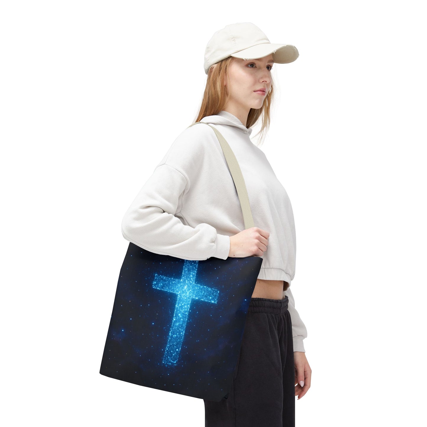 Sparkling Cross Tote Bag - Inspirational Blue Cosmic Bag Christian Tote Spiritual Bag Inspirational Tote Bag