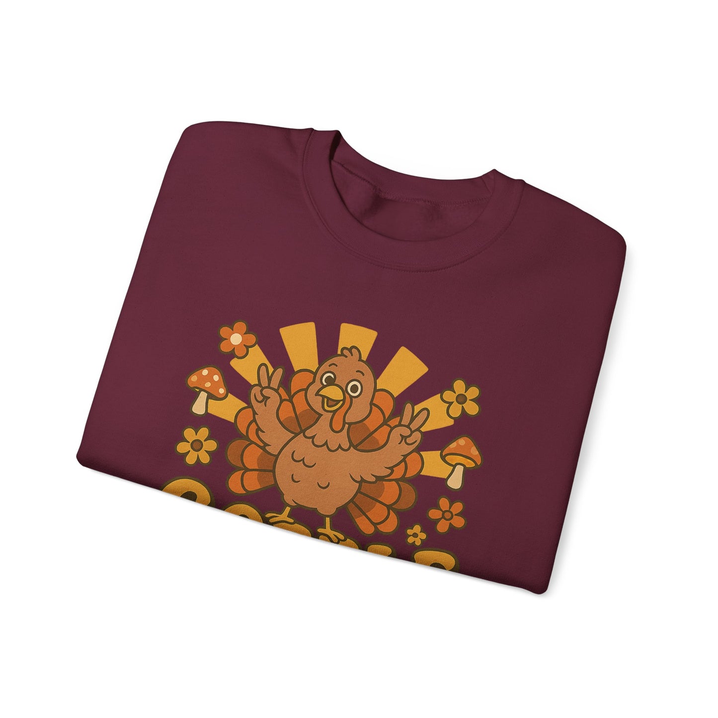 Gobble Turkey Sweatshirt, Retro Fall Turkey Crewneck, Thanksgiving Graphic Pullover, Autumn Mushroom & Flower Design, Cozy Fall Top