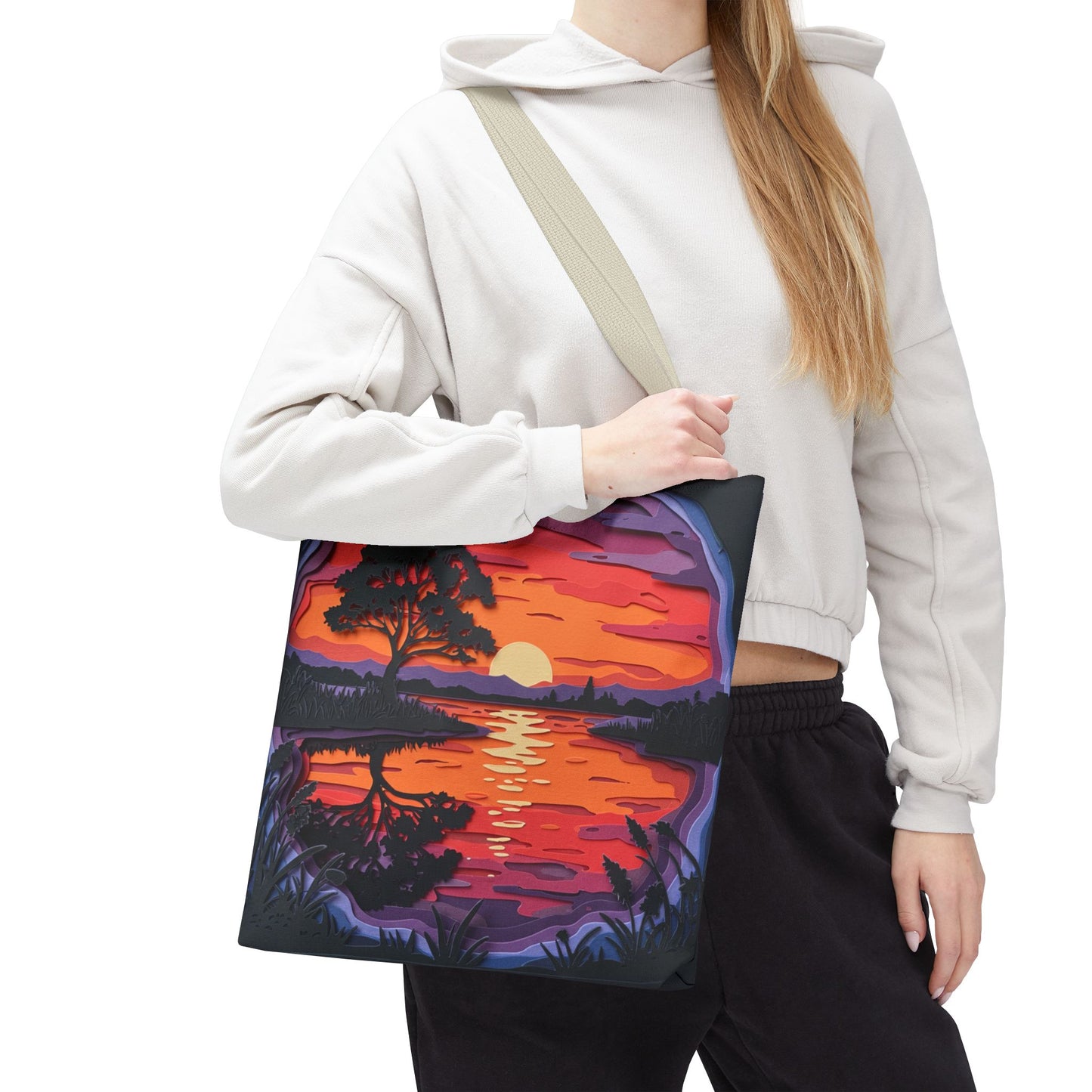 Sunset Landscape Canvas Tote Bag – Paper‑Art Inspired Nature Scene Tote – Colorful Sunset Market Tote, Eco Reusable Beach Bag, Vibrant Gift for Her