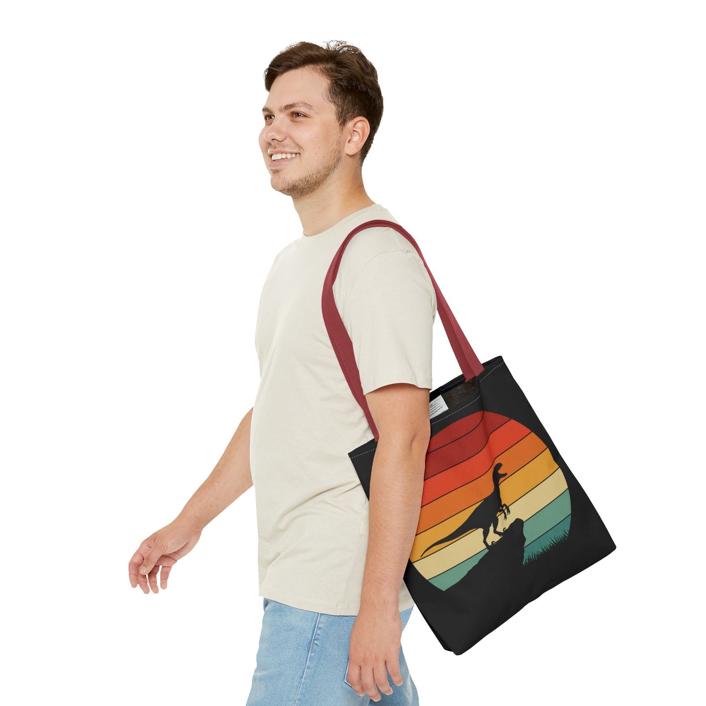 Retro Dino Sunset Tote Bag - Eco Canvas Dinosaur Beach Bag | Sustainable and Stylish Camping, Dino Lover Gift, Reusable Market Tote