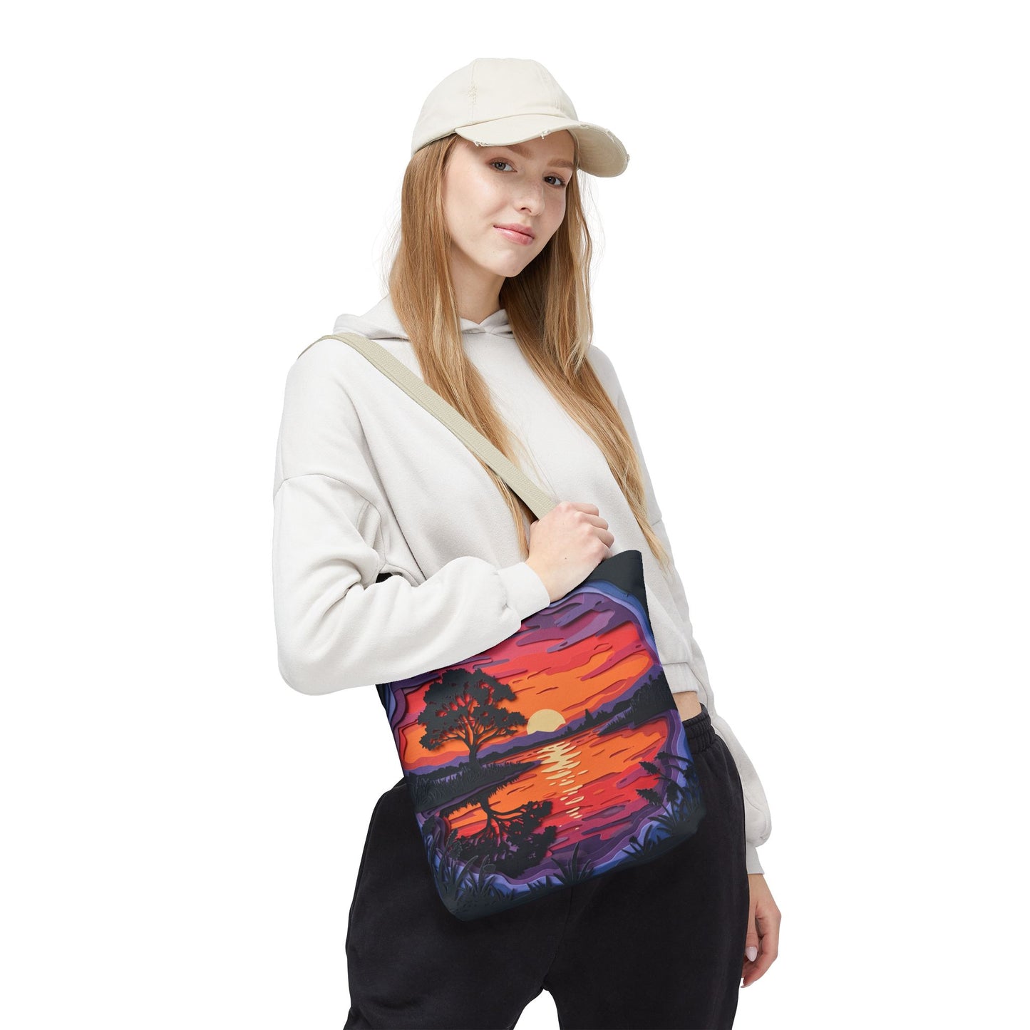 Sunset Landscape Canvas Tote Bag – Paper‑Art Inspired Nature Scene Tote – Colorful Sunset Market Tote, Eco Reusable Beach Bag, Vibrant Gift for Her