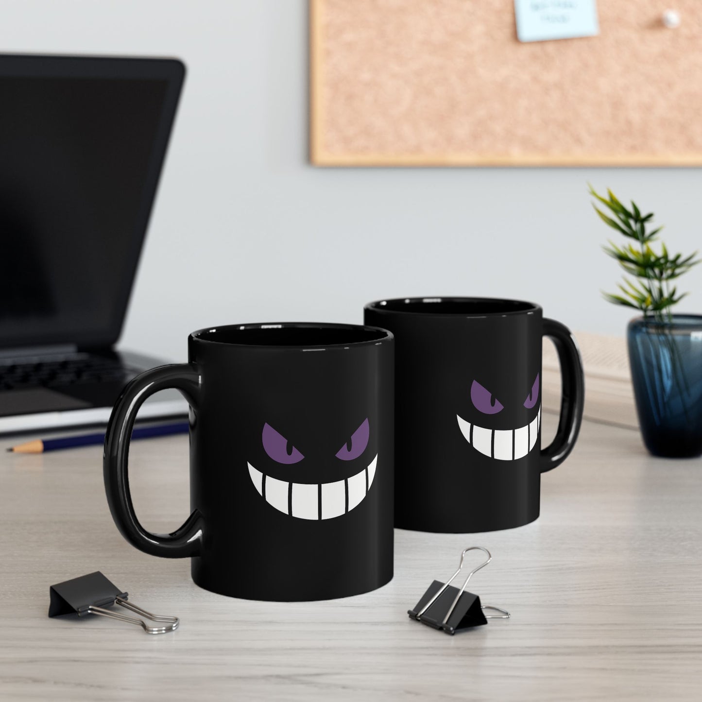 Mischievous Purple Eyes Mug - Black Coffee Cup with Spooky Grin - Cute Yet Creepy Gift for Gamers, Anime Fans, and Coffee Lovers