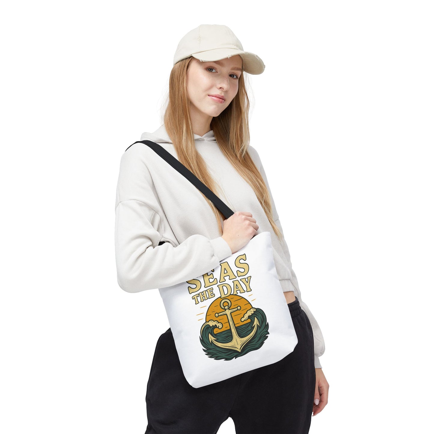 "Seas the Day" Nautical Tote Bag – Funny Beach Quote Canvas Bag with Anchor | Coastal Gift Idea for Summer, Travel, or Daily Use
