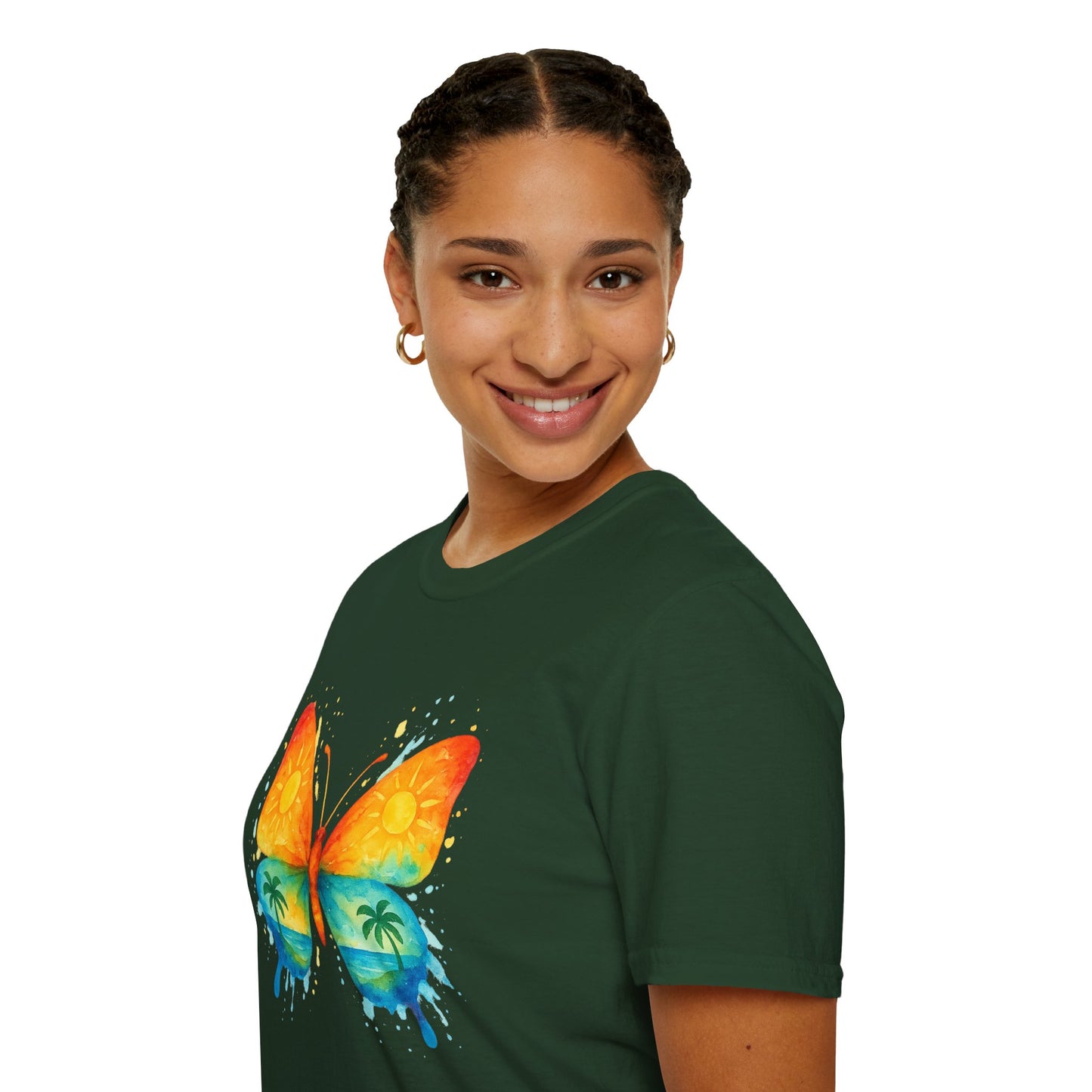 Butterfly Sunset Beach Tee - Ocean & Palm Watercolor Butterfly T-Shirt, Coastal Boho Graphic, Nature Lover Gift, Unisex Casual Tee