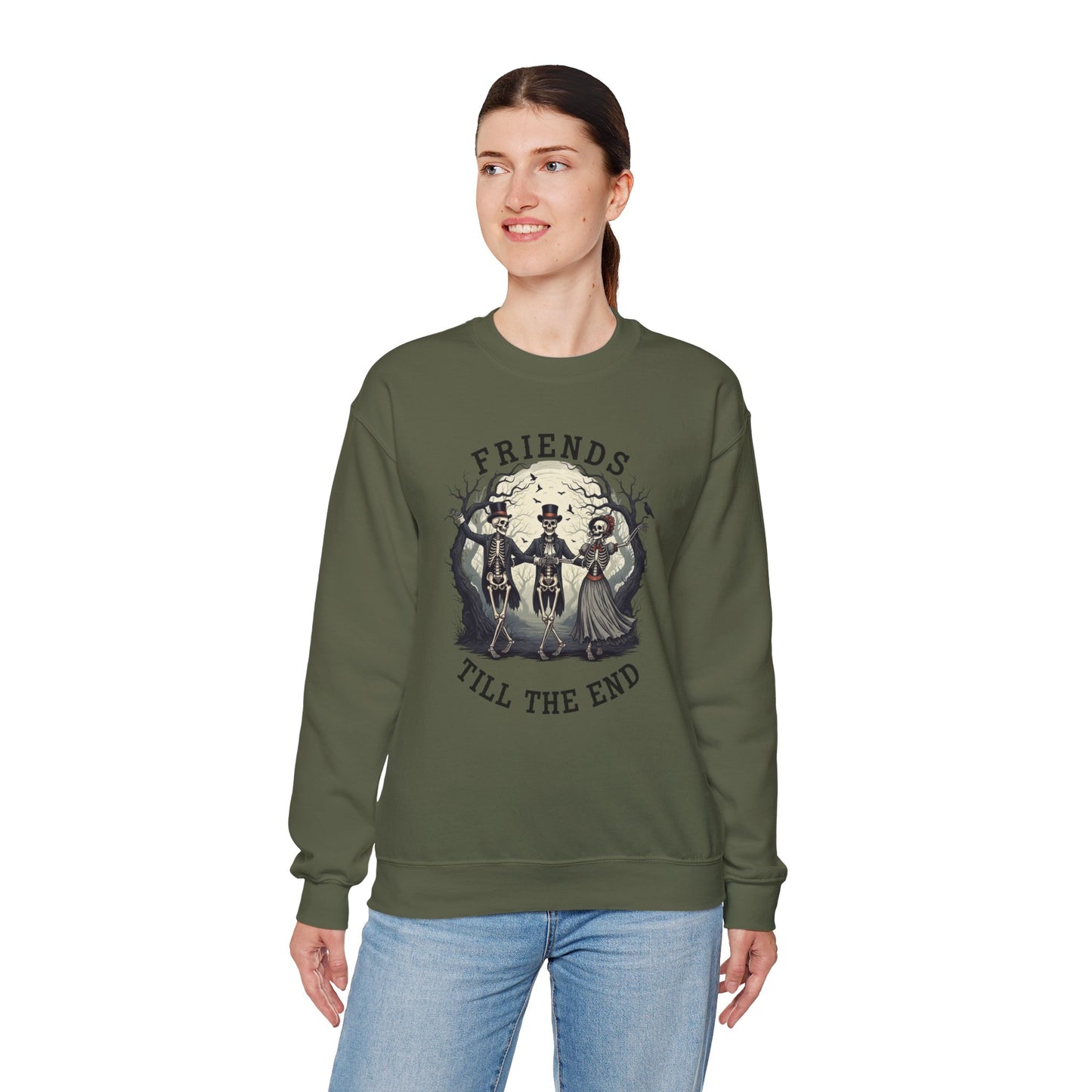 Friends Till The End Skeleton Sweatshirt | Dancing Skeletons Halloween Crewneck | Spooky Fall Graphic Pullover Gift for Bestie