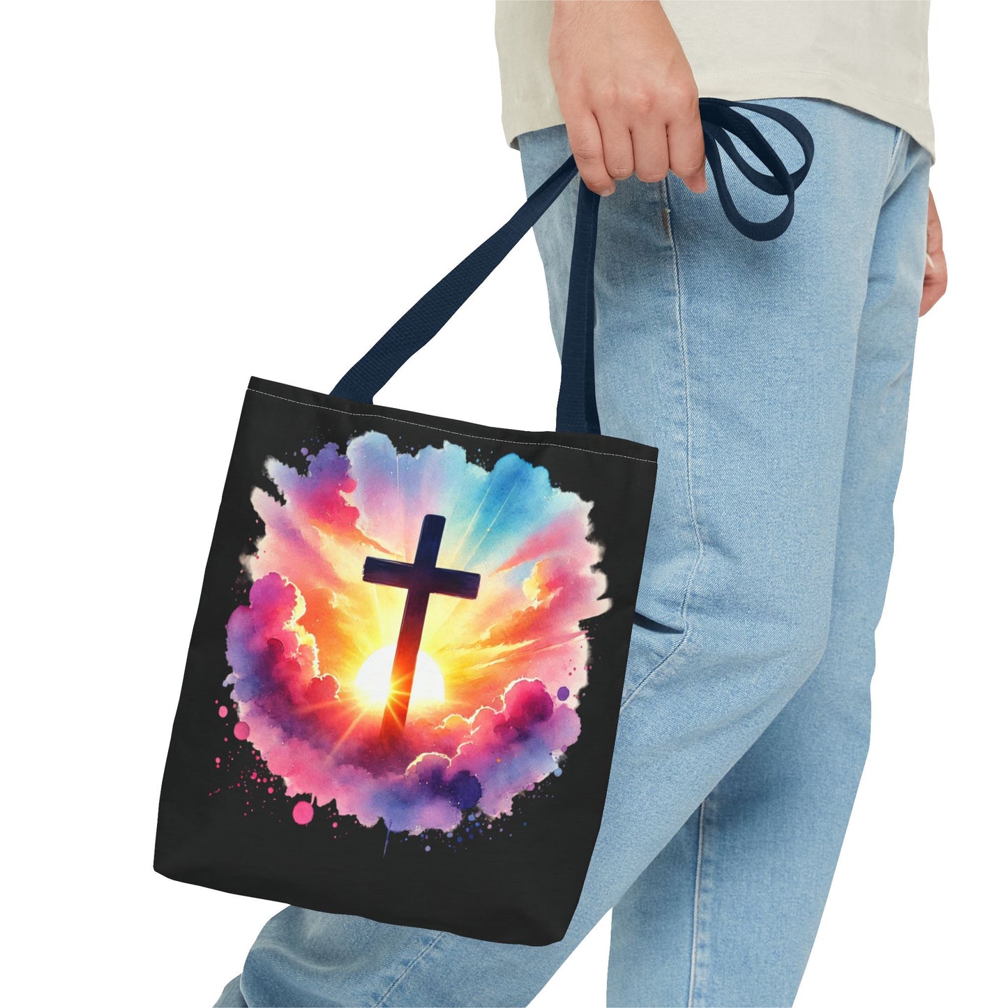 Inspirational Watercolor Sunrise Cross Tote Bag – Faith Art Canvas Tote, Christian Gift, Spiritual Aesthetic, Colorful Bible Verse Tote – Reusable Black Tote