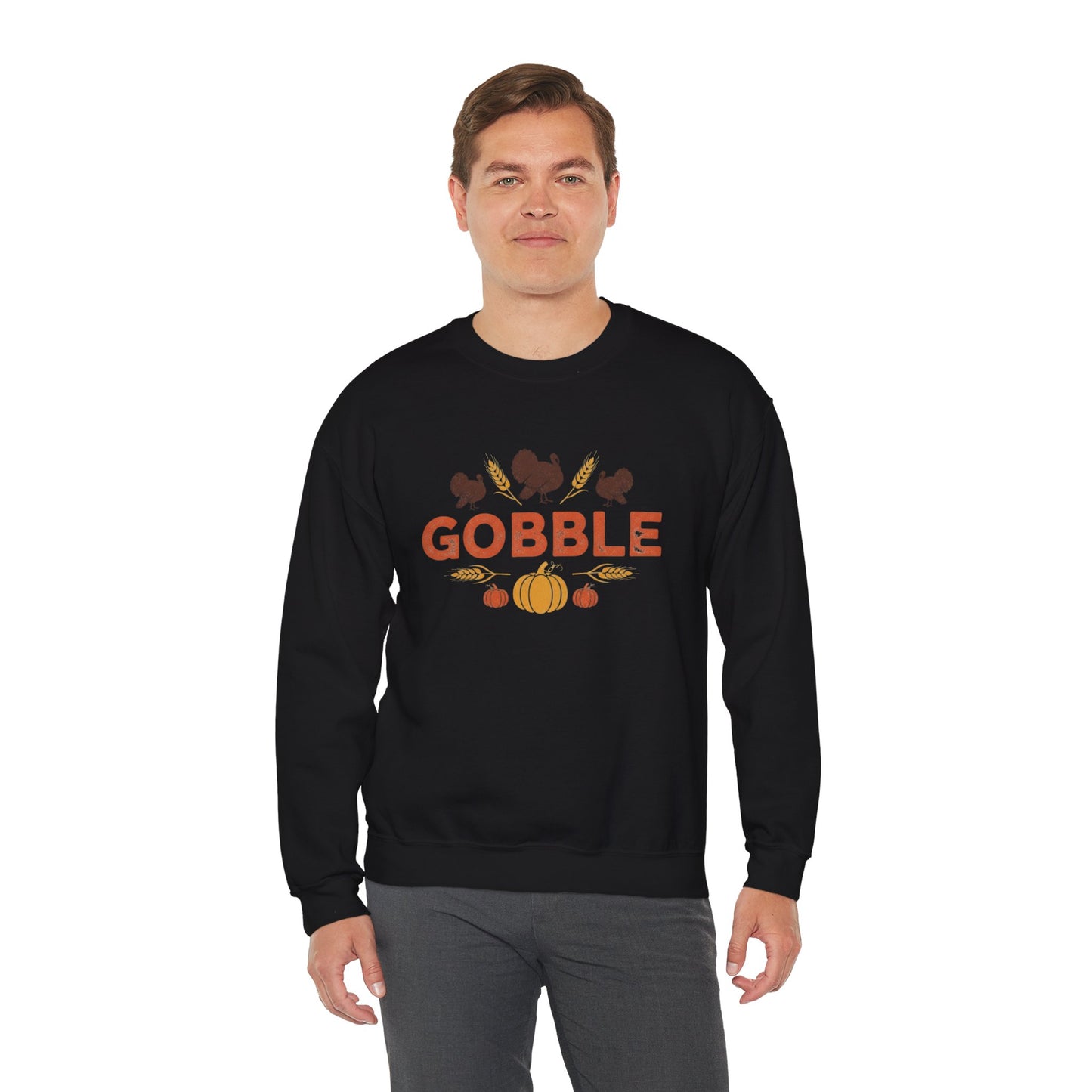 Gobble Turkey Sweatshirt, Thanksgiving Pumpkin Crewneck, Autumn Wheat & Turkey Graphic Pullover, Cozy Fall Family Turkey Day Shirt