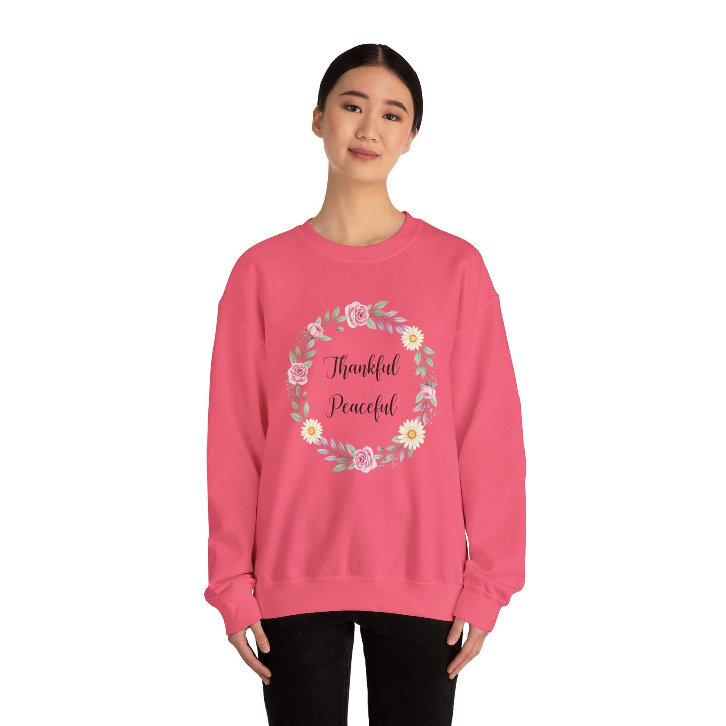 Thankful Peaceful Sweatshirt, Floral Wreath Crewneck, Inspirational Quote Sweater, Positive Message Pullover, Uplifting Gift For Women