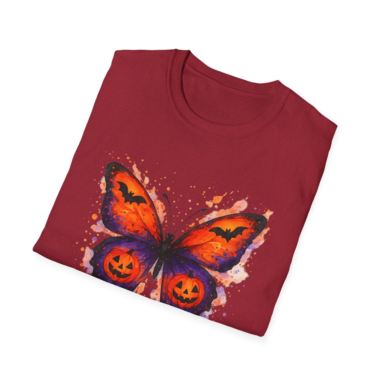 Halloween Watercolor Butterfly T-Shirt - Pumpkin Butterfly Tee, Spooky Butterfly Shirt, Bat and Jack-O'Lantern Wings, Fall Aesthetic Tee