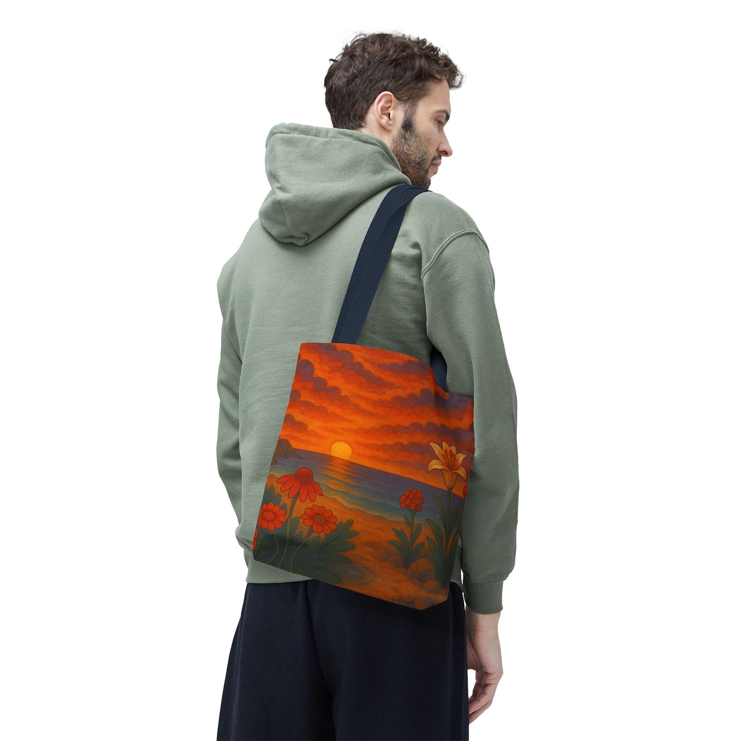 Retro Sunset Tote Bag with Wildflowers – Vibrant Floral Landscape Art, Nature-Inspired Reusable Bag, 70s Style Summer Accessory