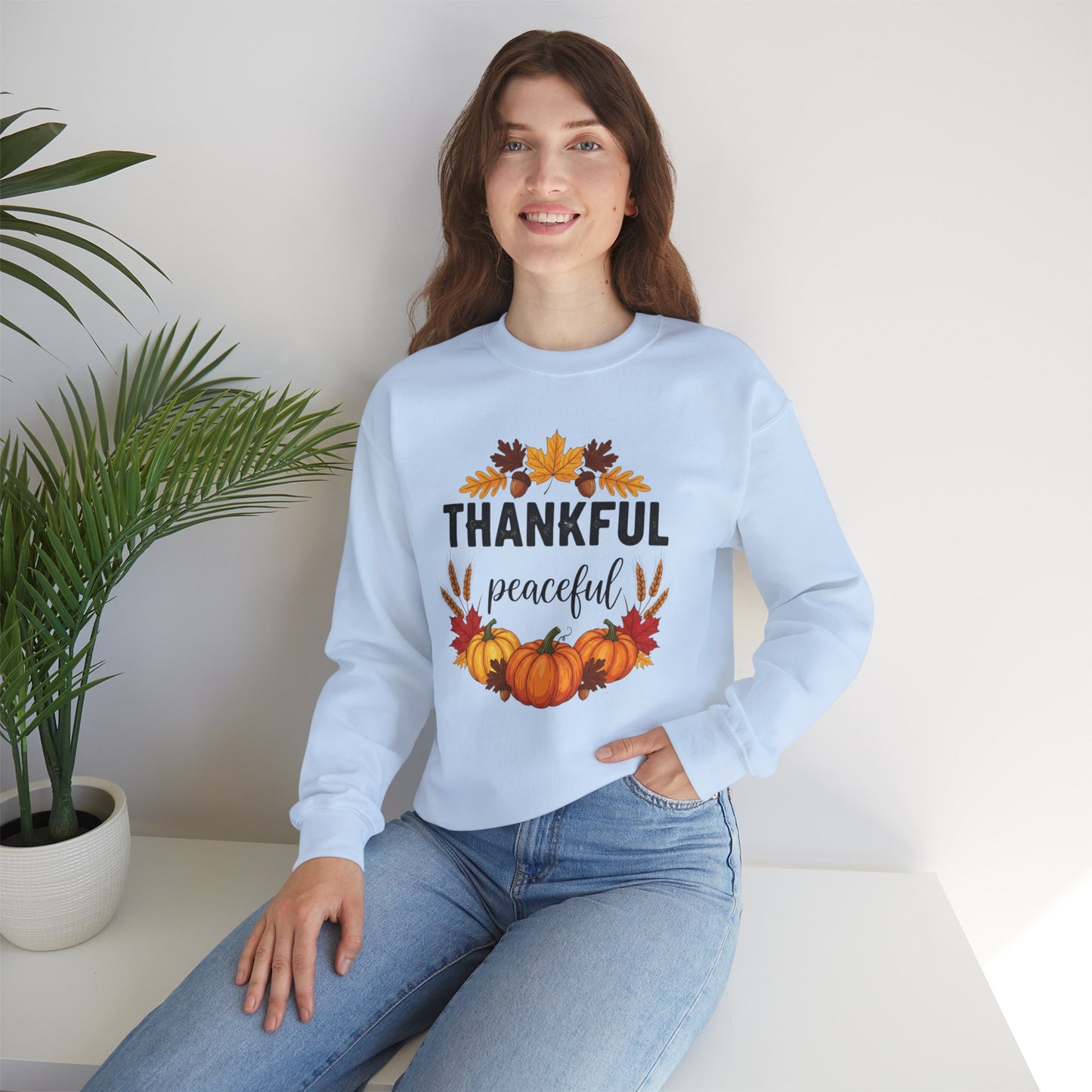 Thankful Peaceful Fall Sweatshirt, Autumn Pumpkin Crewneck, Thanksgiving Sweater, Cozy Seasonal Pullover, Gratitude Gift For Women Men