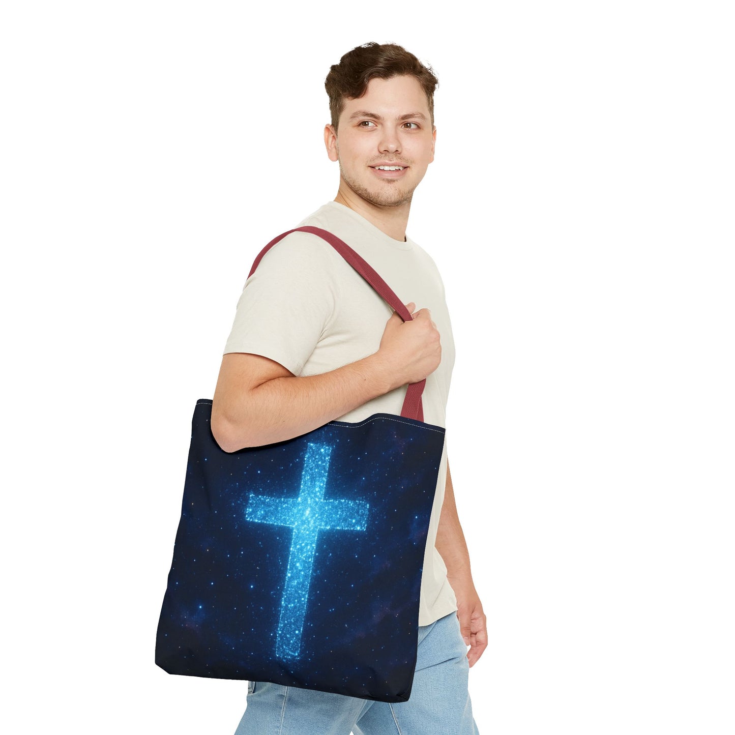 Sparkling Cross Tote Bag - Inspirational Blue Cosmic Bag Christian Tote Spiritual Bag Inspirational Tote Bag
