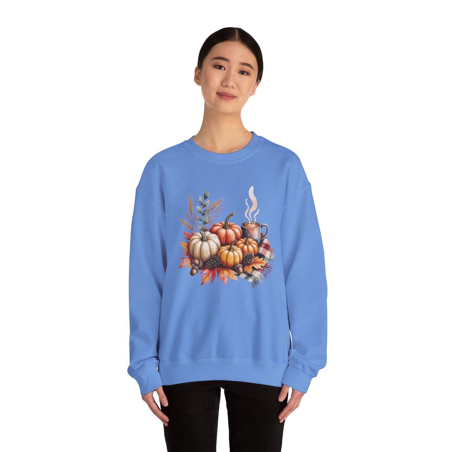 Fall Pumpkin Sweatshirt, Cozy Autumn Crewneck, Thanksgiving Sweater With Pumpkins And Coffee, Fall Leaves Pullover, Seasonal Gift