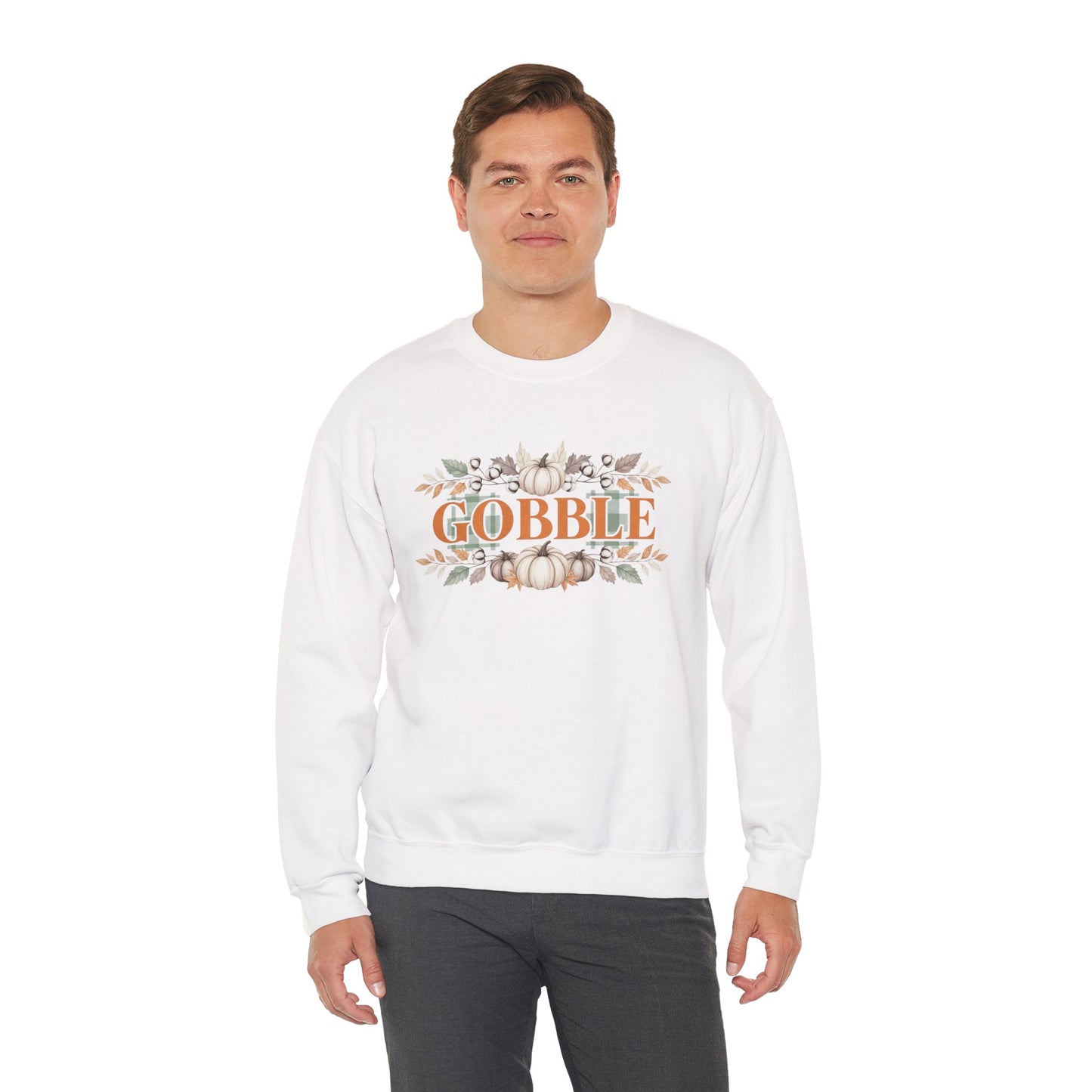 Gobble Thanksgiving Sweatshirt, Neutral Fall Pumpkin Crewneck, Autumn Cotton Stems Leaves Pullover, Cozy Rustic Thanksgiving Top