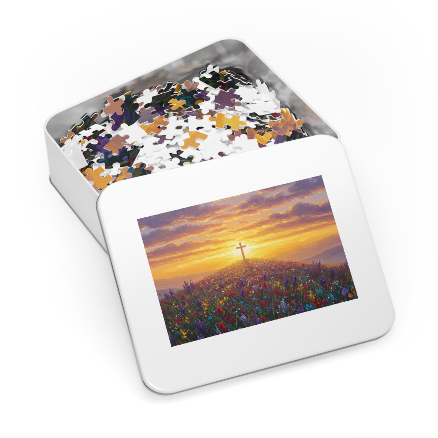 Jigsaw Puzzle: Cross on a Hill Monet Style Christian Game Cross Puzzle Inspirational Decor