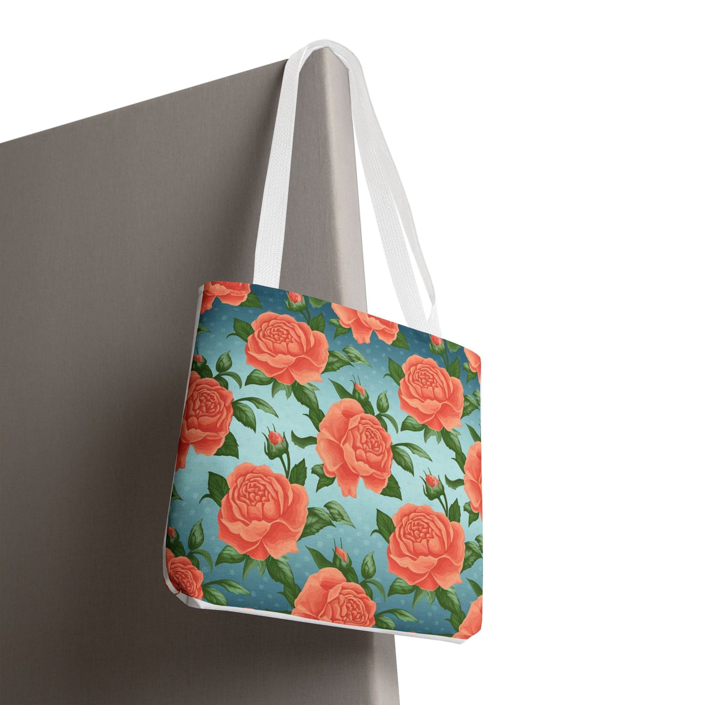 Vintage Floral Tote Bag – Coral Rose Pattern on Blue Background – Aesthetic Everyday Carry Bag – Reusable Fabric Market Tote Gift