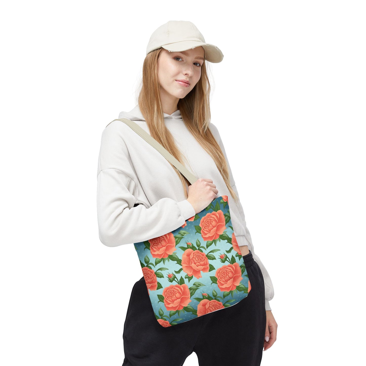 Vintage Floral Tote Bag – Coral Rose Pattern on Blue Background – Aesthetic Everyday Carry Bag – Reusable Fabric Market Tote Gift