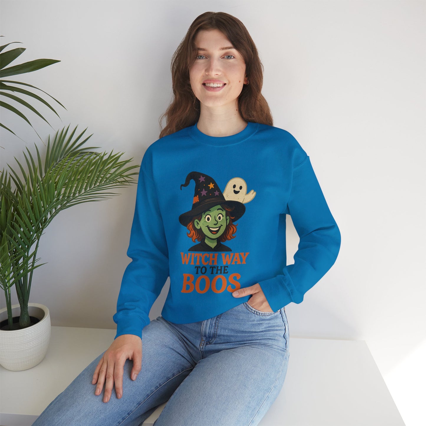 Witch Way To The Boos Sweatshirt, Funny Witch Halloween Crewneck, Witchy Ghost Sweatshirt, Spooky Season Graphic Pullover, Lighthearted Halloween Wear