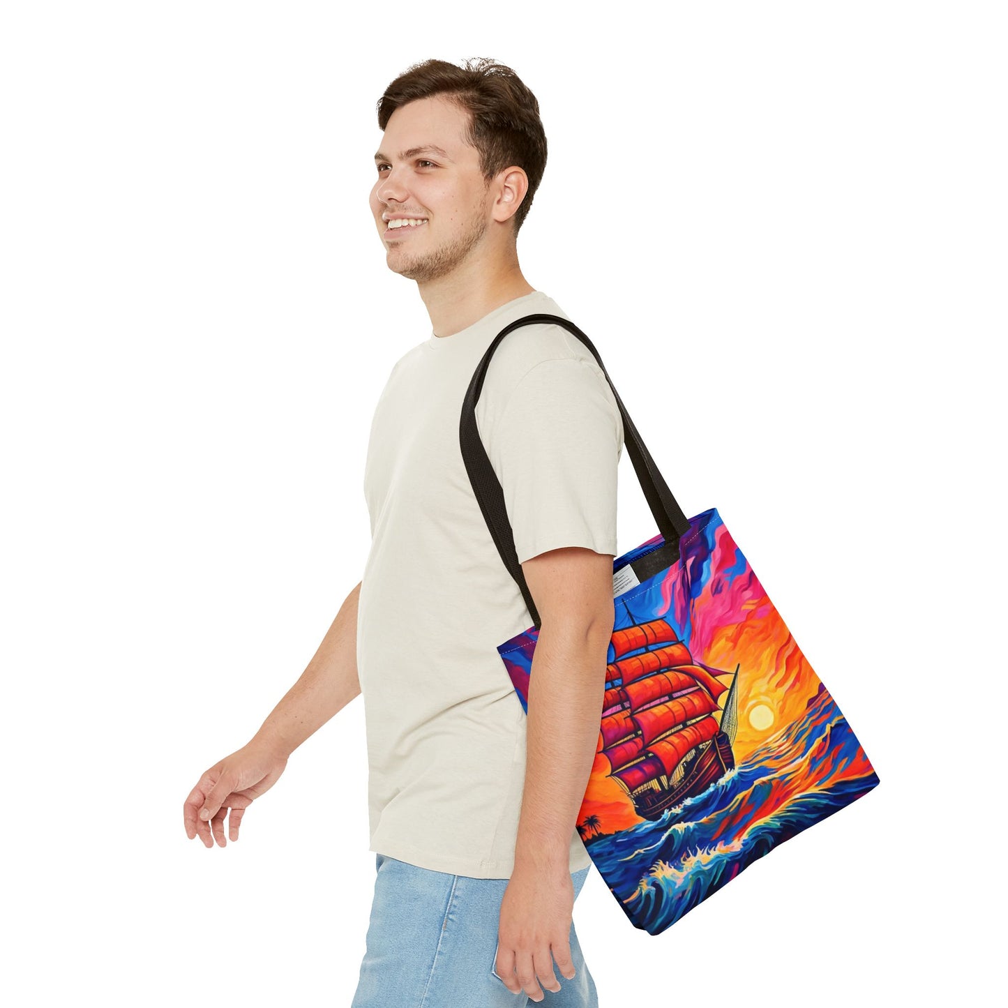 Crimson Voyage Tote Bag, Red Sailboat At Sunset Artistic Ocean Design, Nautical Reusable Tote For Beach, Travel, And Everyday Use