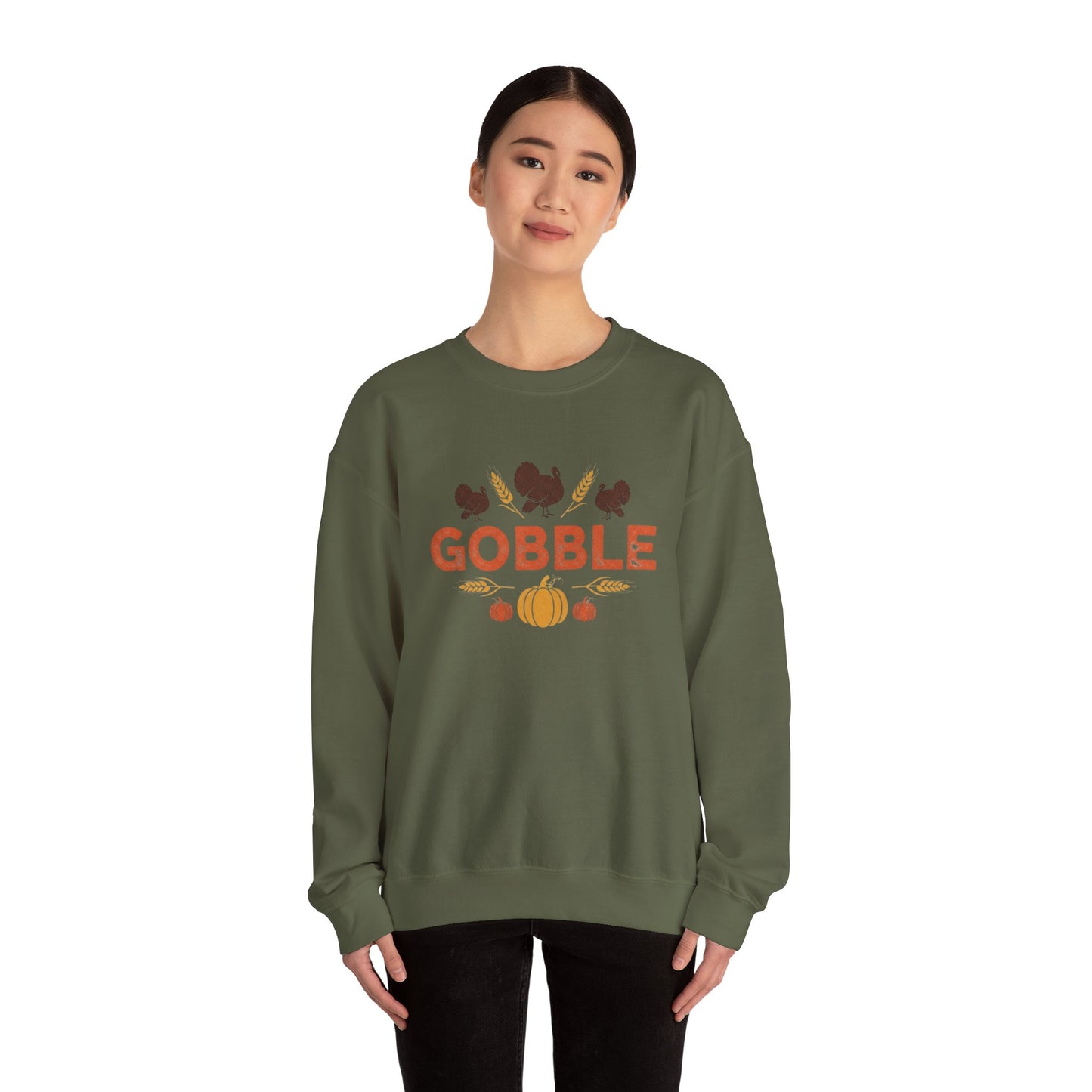 Gobble Turkey Sweatshirt, Thanksgiving Pumpkin Crewneck, Autumn Wheat & Turkey Graphic Pullover, Cozy Fall Family Turkey Day Shirt