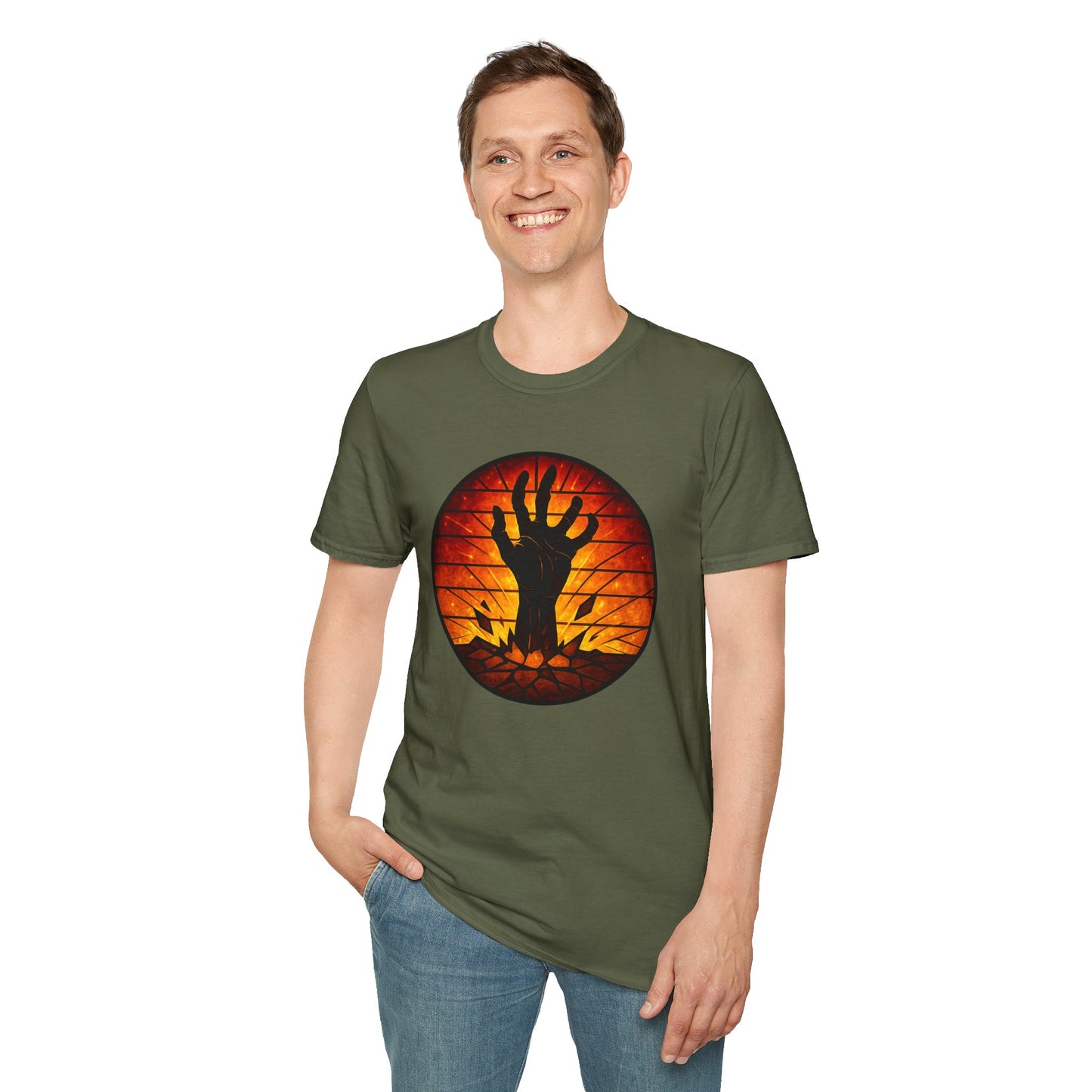 Zombie Hand Sunset T-Shirt – Stained Glass Horror Shirt, Halloween Gothic Tee, Undead Rising Art Tee, Creepy Spooky Shirt for Fall