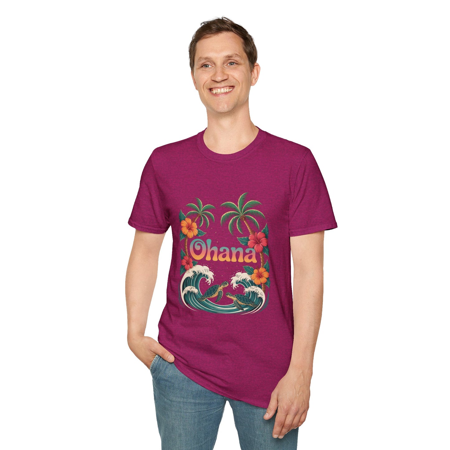 Ohana Shirt - Retro Hawaiian Sea Turtle & Palm Tree Graphic Tee - Tropical Beach Family Gift, Summer Vacation Aesthetic T-Shirt