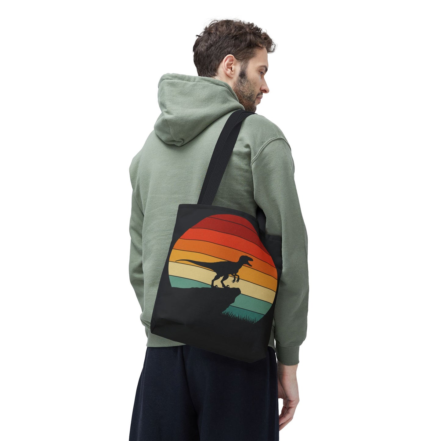 Retro Dino Sunset Tote Bag - Eco Canvas Dinosaur Beach Bag | Sustainable and Stylish Camping, Dino Lover Gift, Reusable Market Tote