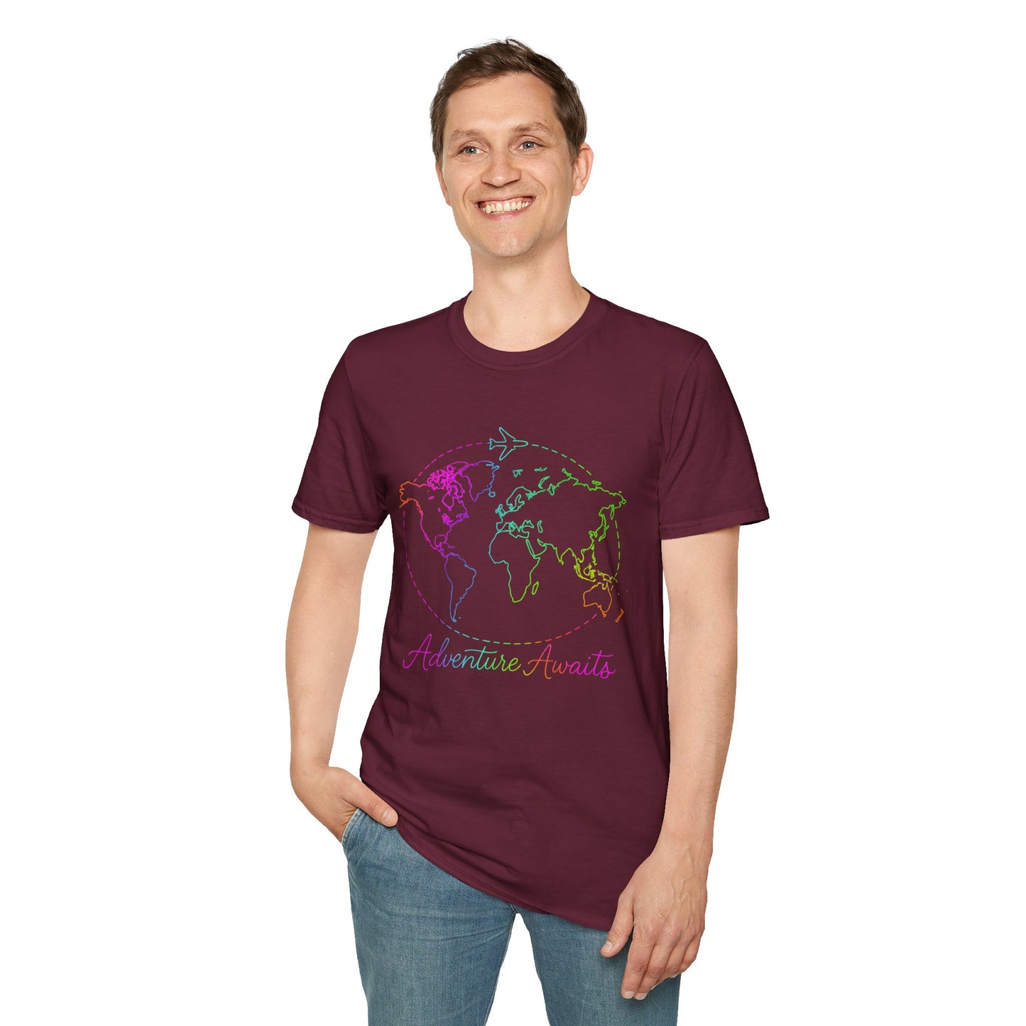 Adventure Awaits Neon Y2K Shirt - Retro Travel Tee, Rainbow Globe Graphic, Aesthetic Vacation Top, Y2K Gift for Travelers