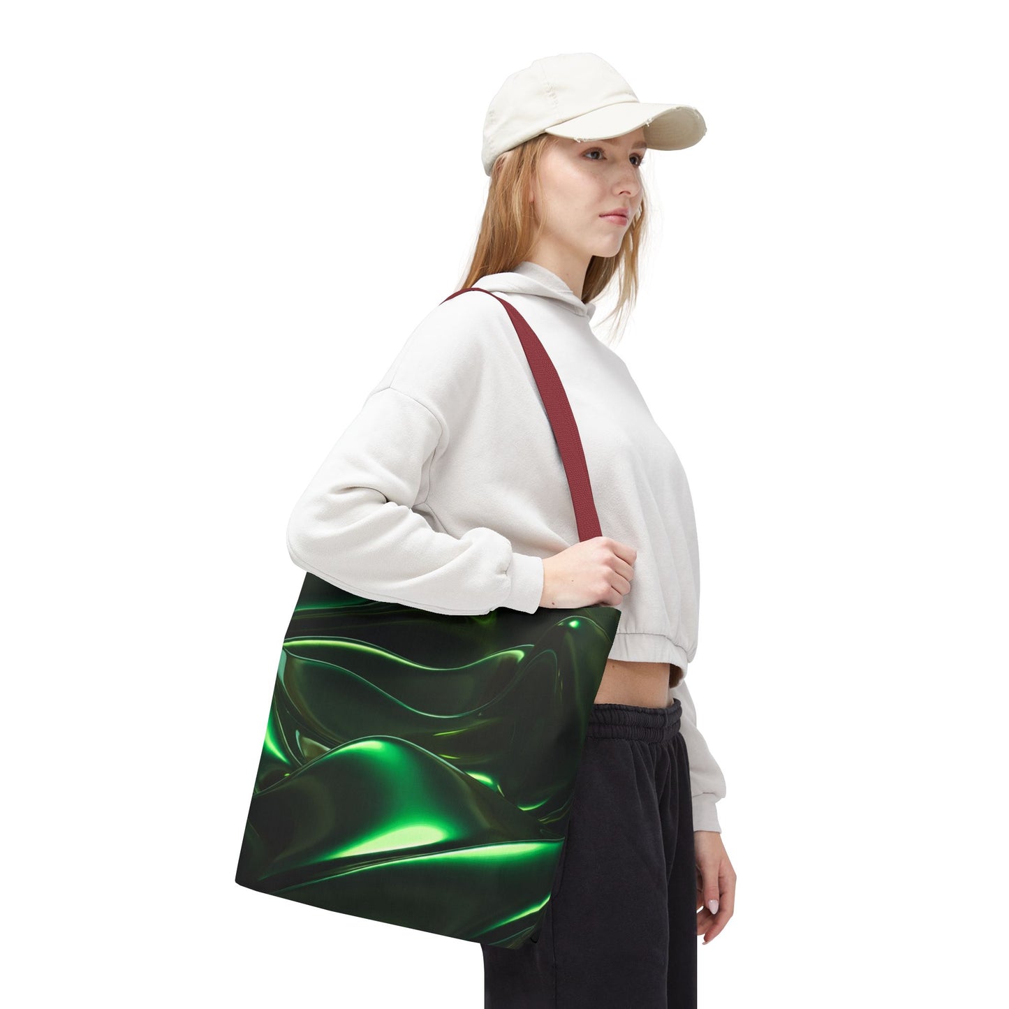 Futuristic Green Tote Bag - Abstract Metallic Wave Art Tote - Glossy Cyber Aesthetic Bag, Techwear Vibes, Edgy Gamer Gift, Trendy Street Style