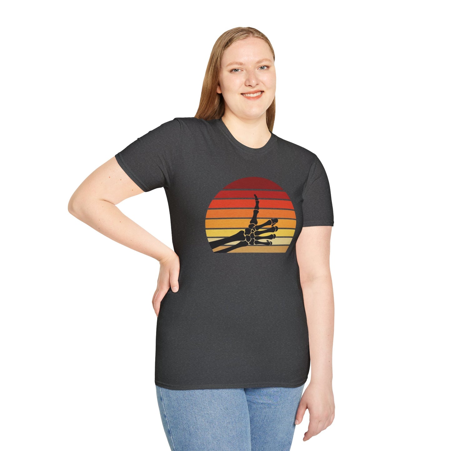 Skeleton Hand Rock On Shirt - Retro Sunset Halloween T-Shirt, Spooky Skeleton Finger Tee, Vintage 70s Style Goth Shirt, Unisex Sizes