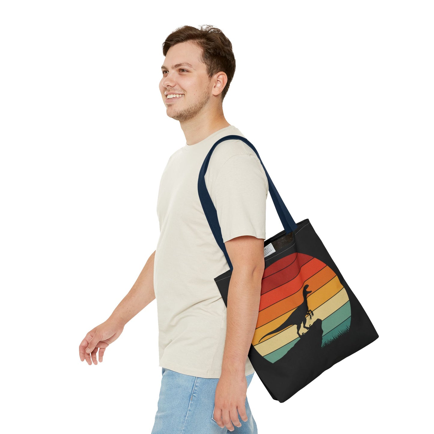Retro Dino Sunset Tote Bag - Eco Canvas Dinosaur Beach Bag | Sustainable and Stylish Camping, Dino Lover Gift, Reusable Market Tote